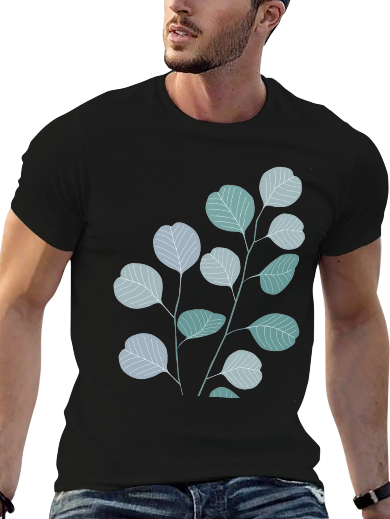 Botanical Leaves Graphic Tee - Black Cotton Blend