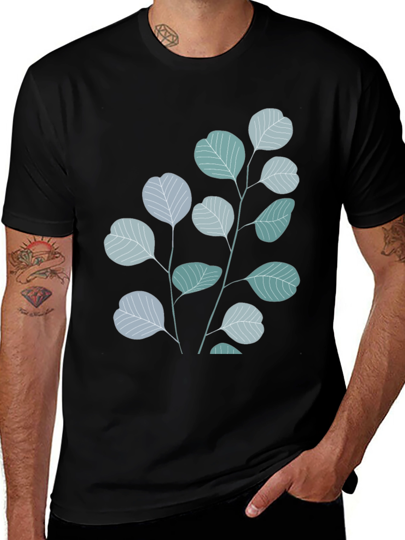 Botanical Leaves Graphic Tee - Black Cotton Blend