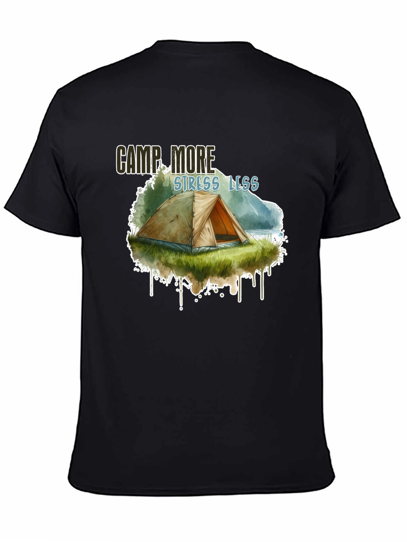 Camp More Stress Less Black Graphic T-Shirt