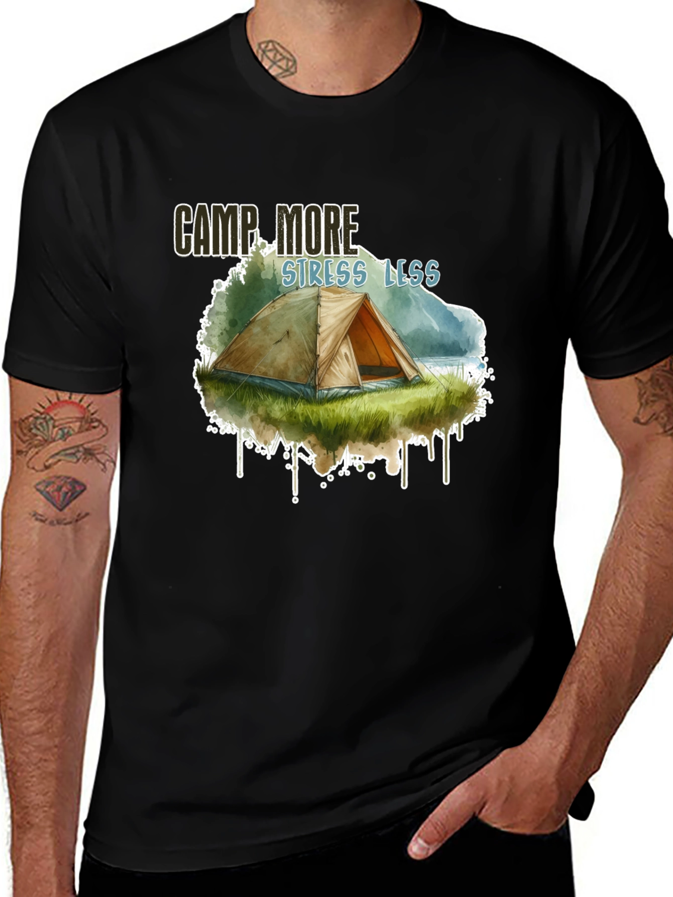 Camp More Stress Less Black Graphic T-Shirt