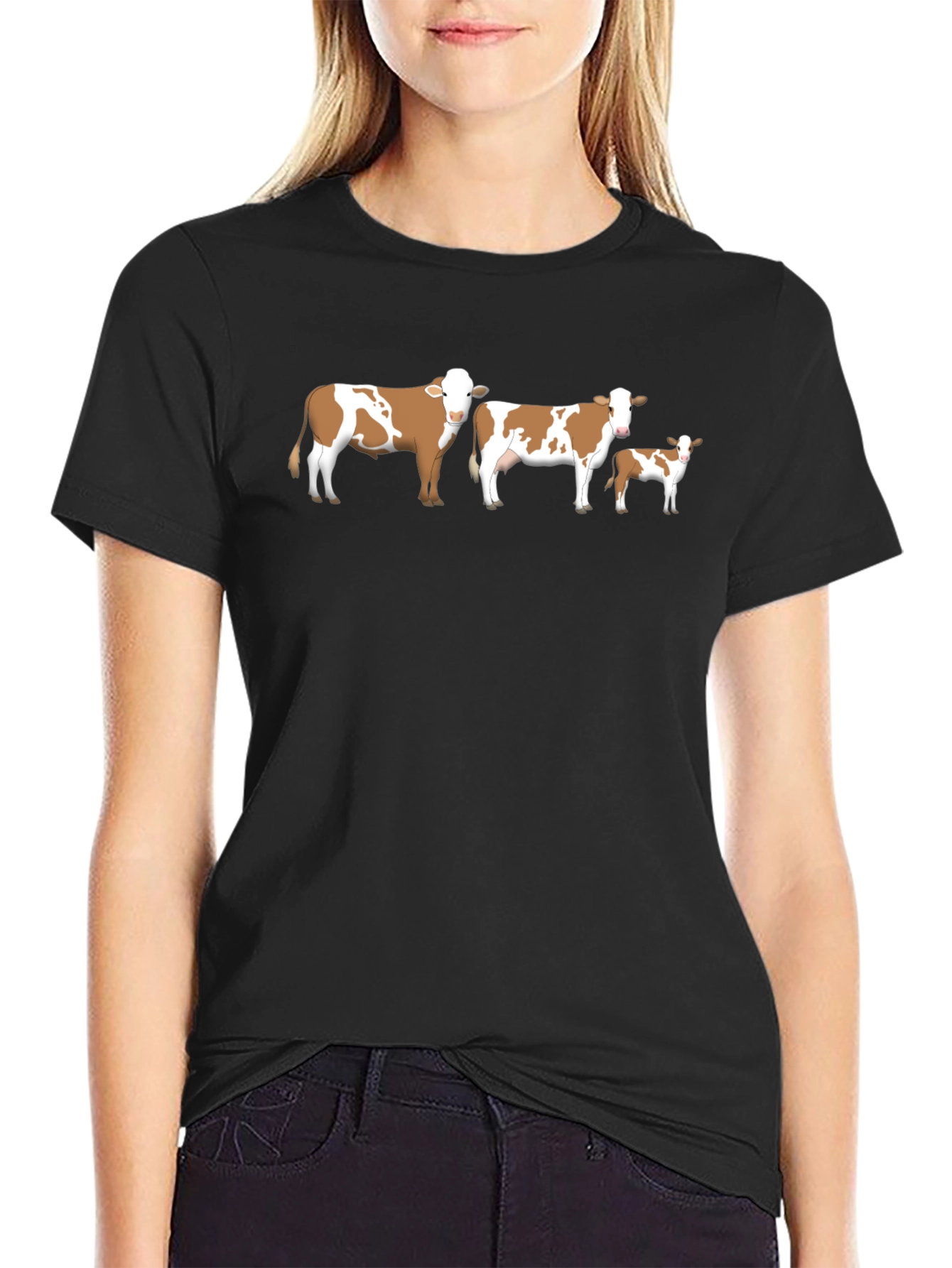 Cow Family Graphic Tee - Black Crew Neck Shirt