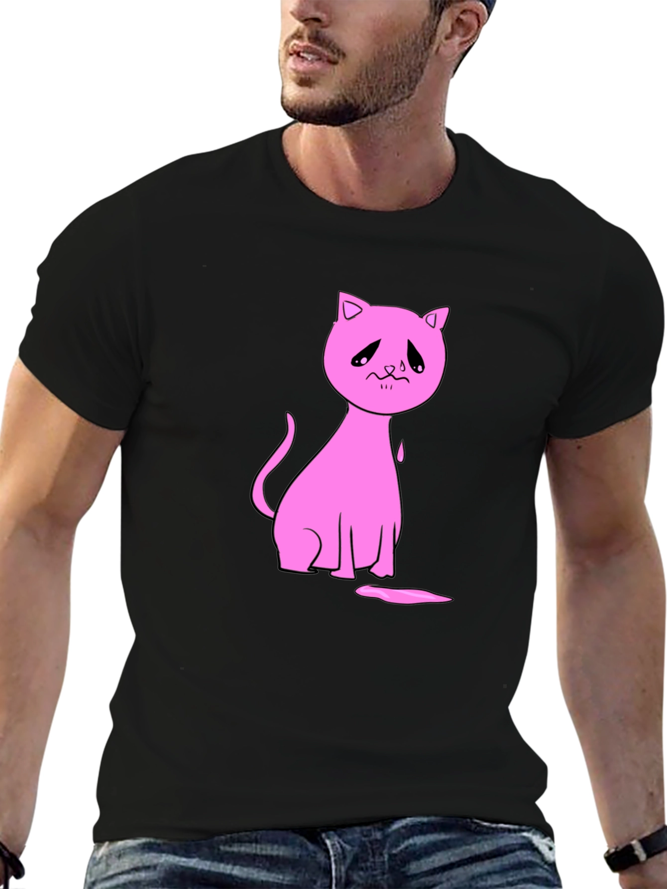 Sad Cat Graphic Black T-Shirt