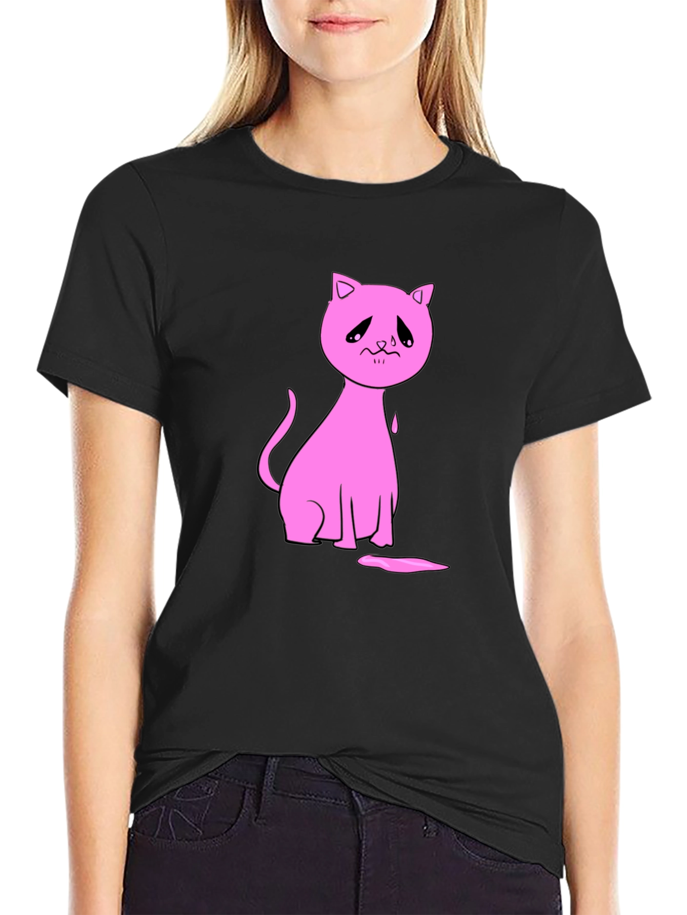 Sad Cat Graphic Black T-Shirt