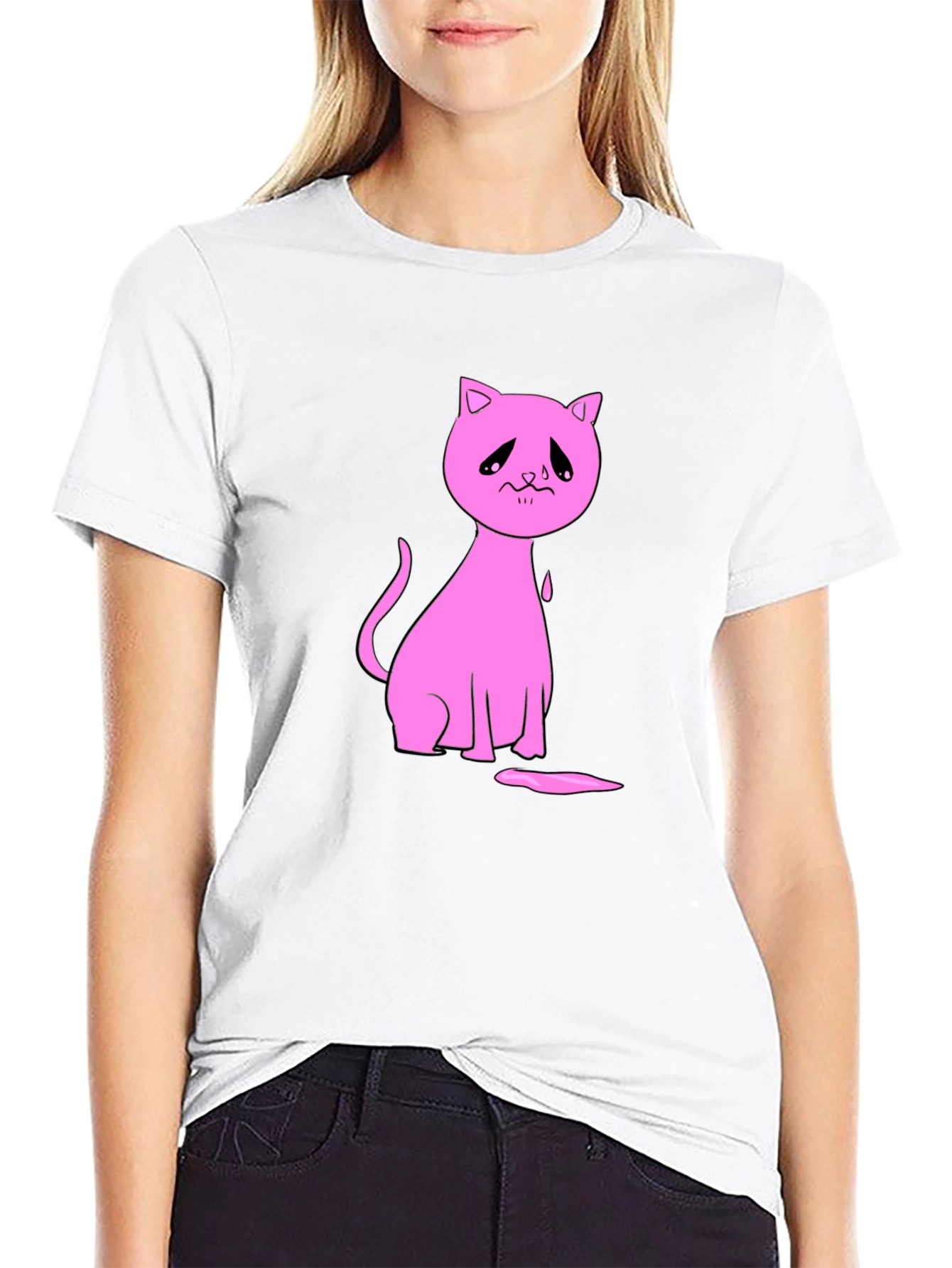 Sad Cat Graphic Black T-Shirt