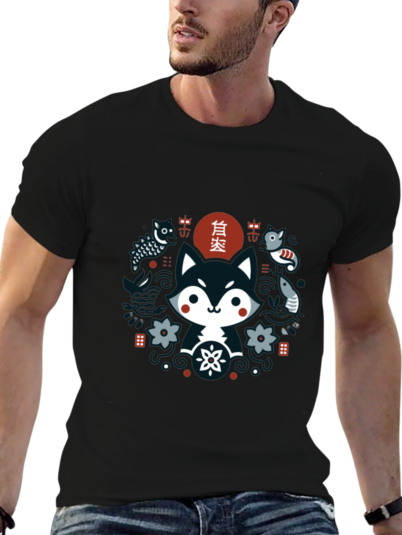 Cute Asian Inspired Fox Graphic T-Shirt - Black
