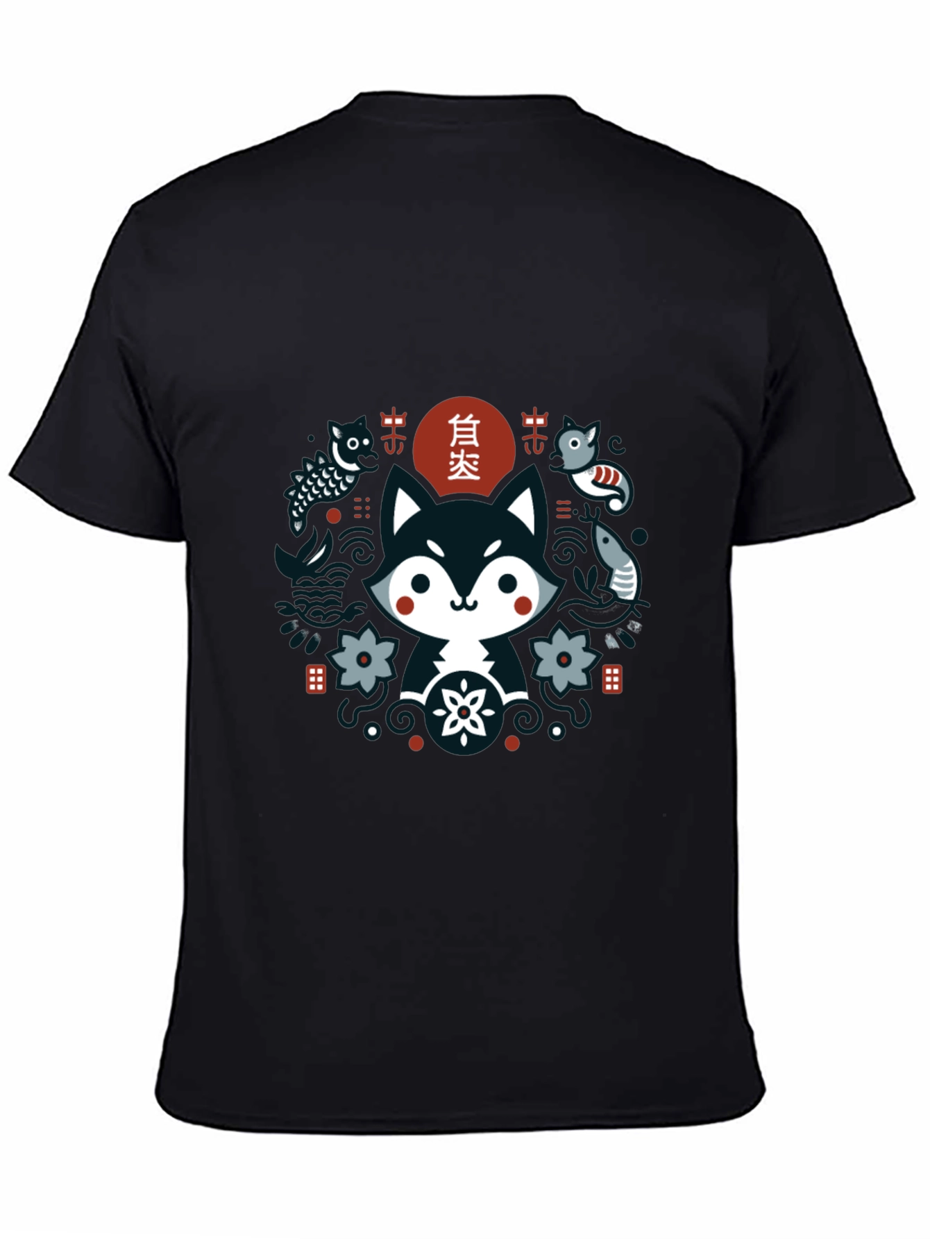 Cute Asian Inspired Fox Graphic T-Shirt - Black