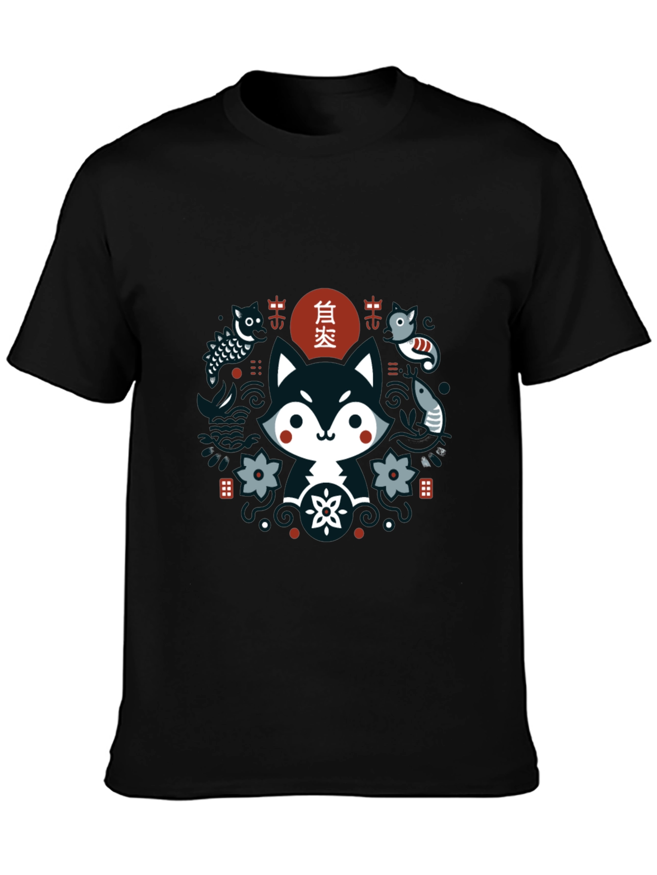 Cute Asian Inspired Fox Graphic T-Shirt - Black