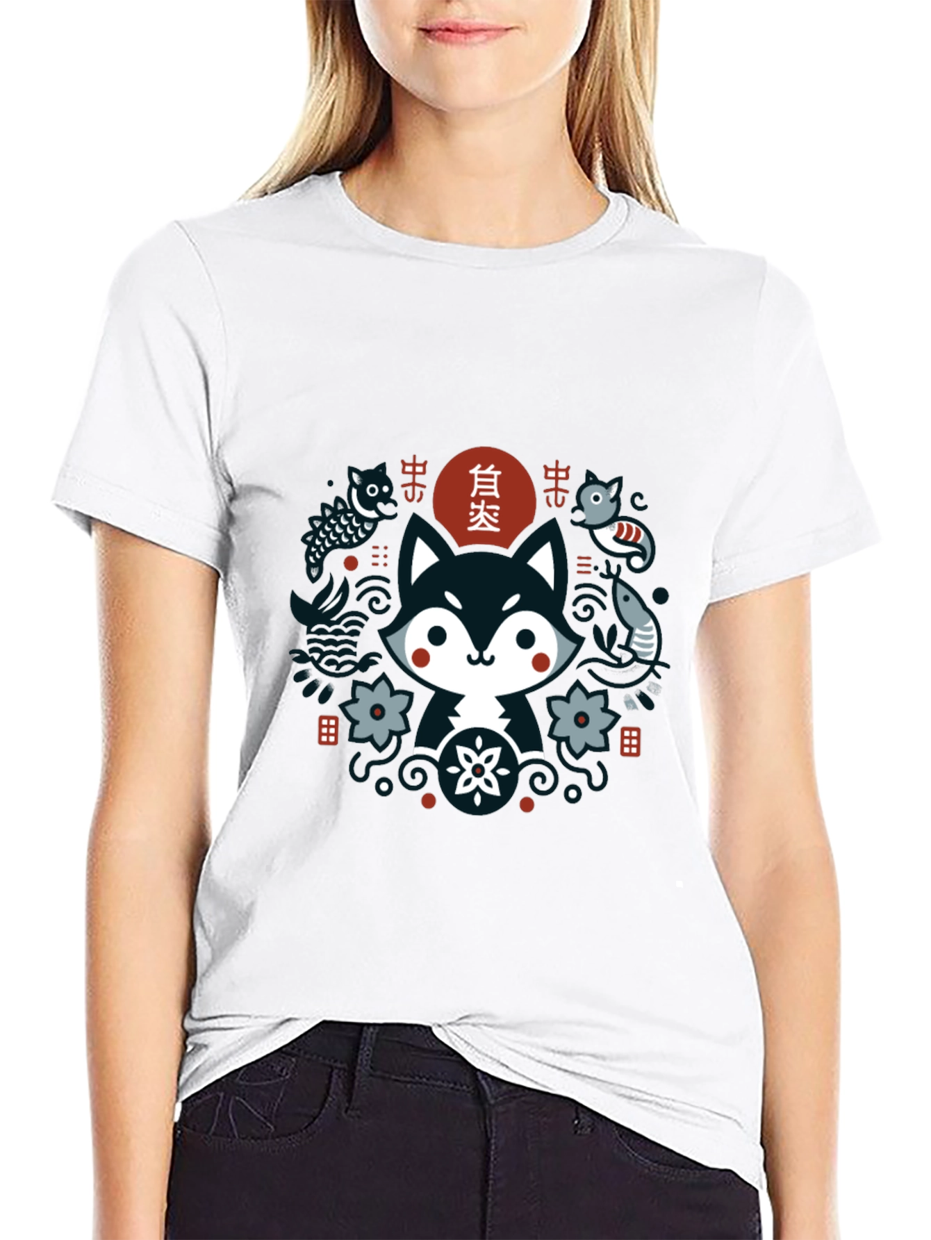 Cute Asian Inspired Fox Graphic T-Shirt - Black