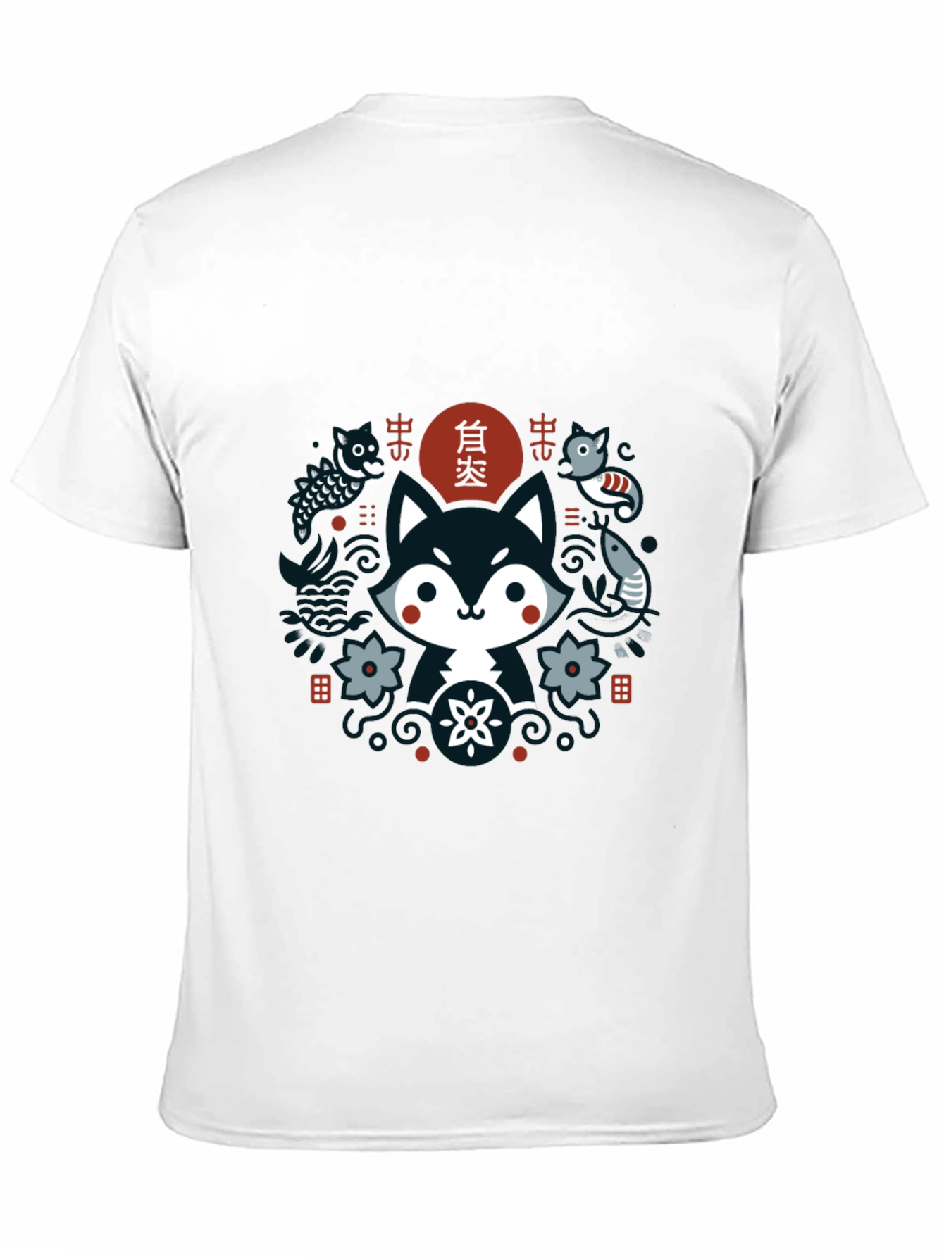 Cute Asian Inspired Fox Graphic T-Shirt - Black