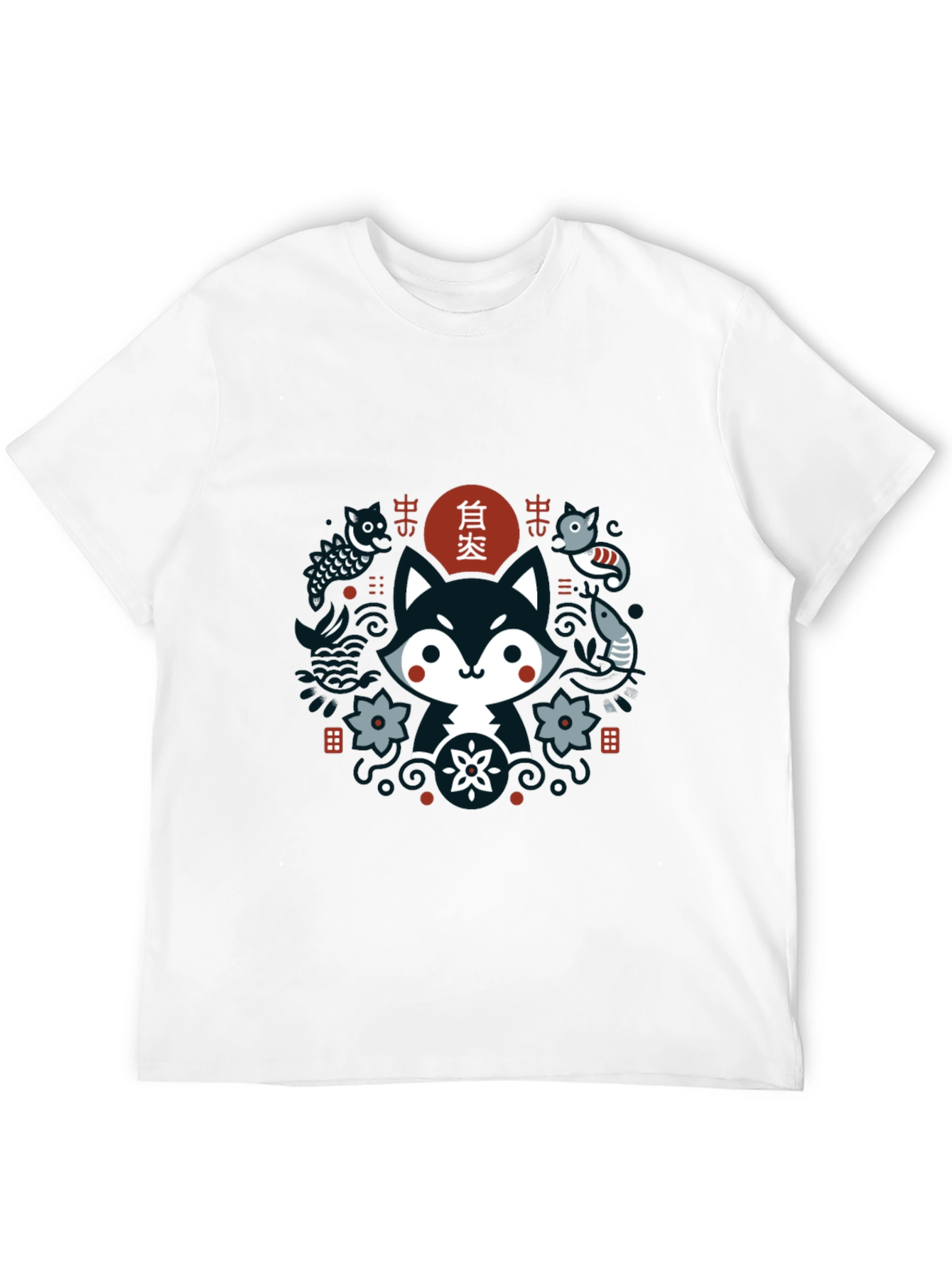 Cute Asian Inspired Fox Graphic T-Shirt - Black