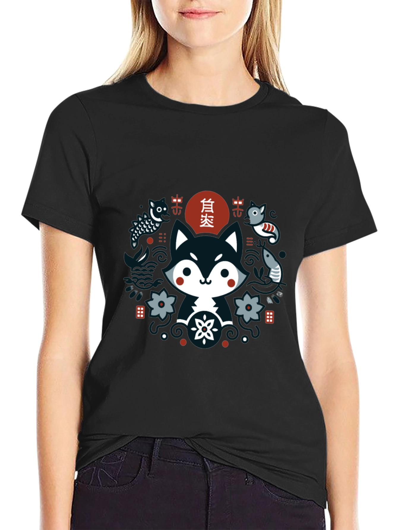 Cute Asian Inspired Fox Graphic T-Shirt - Black