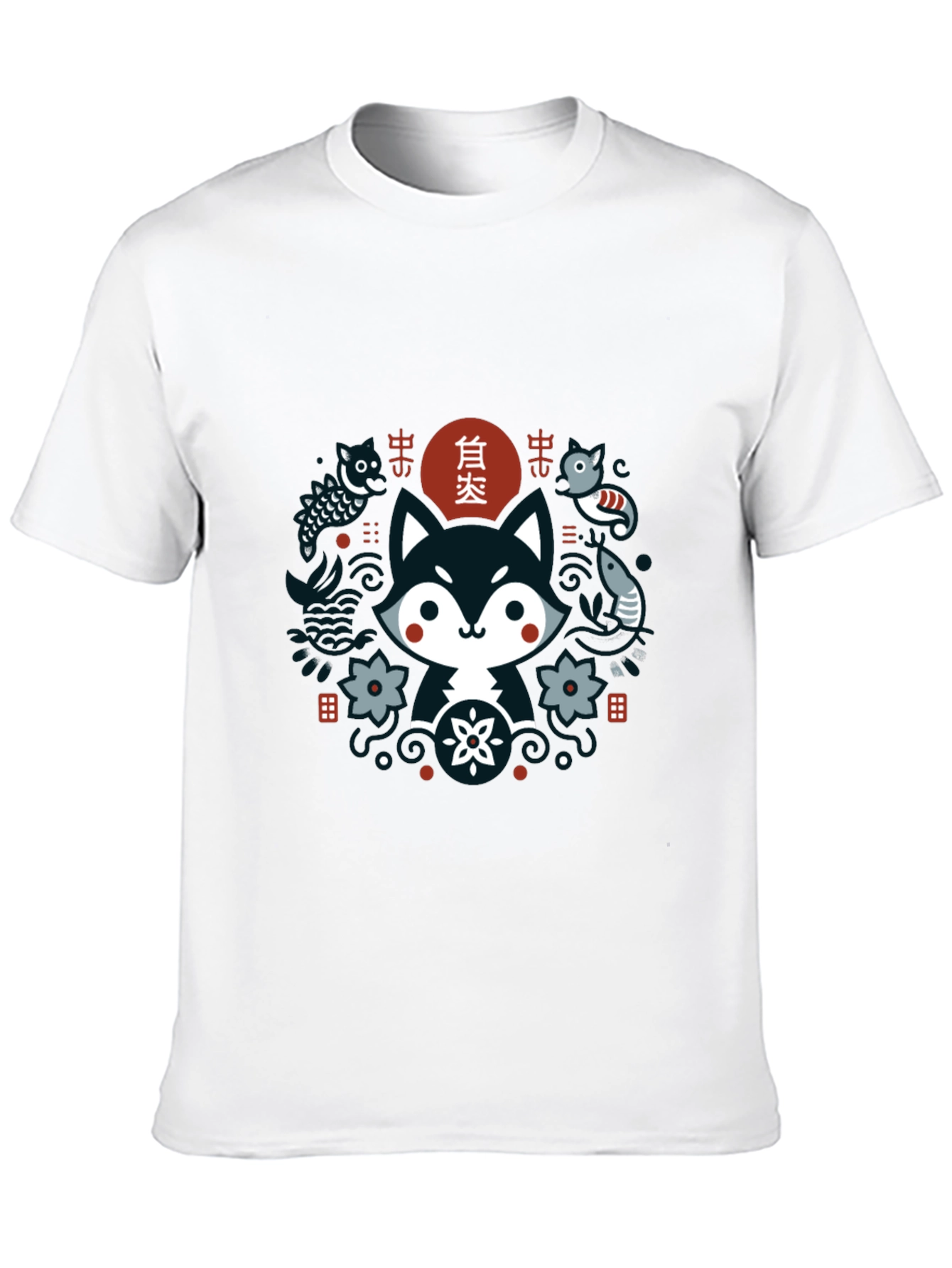 Cute Asian Inspired Fox Graphic T-Shirt - Black