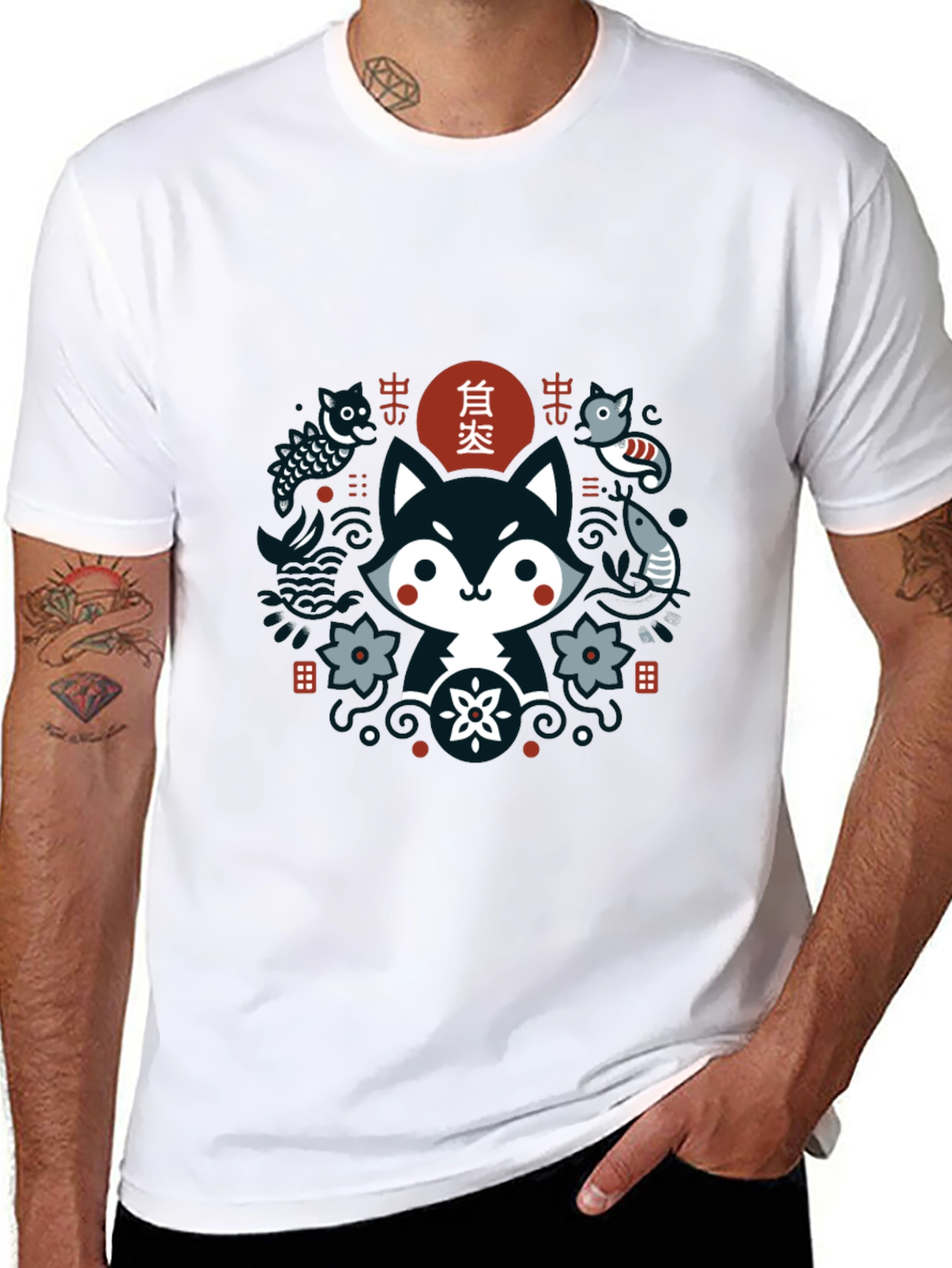Cute Asian Inspired Fox Graphic T-Shirt - Black