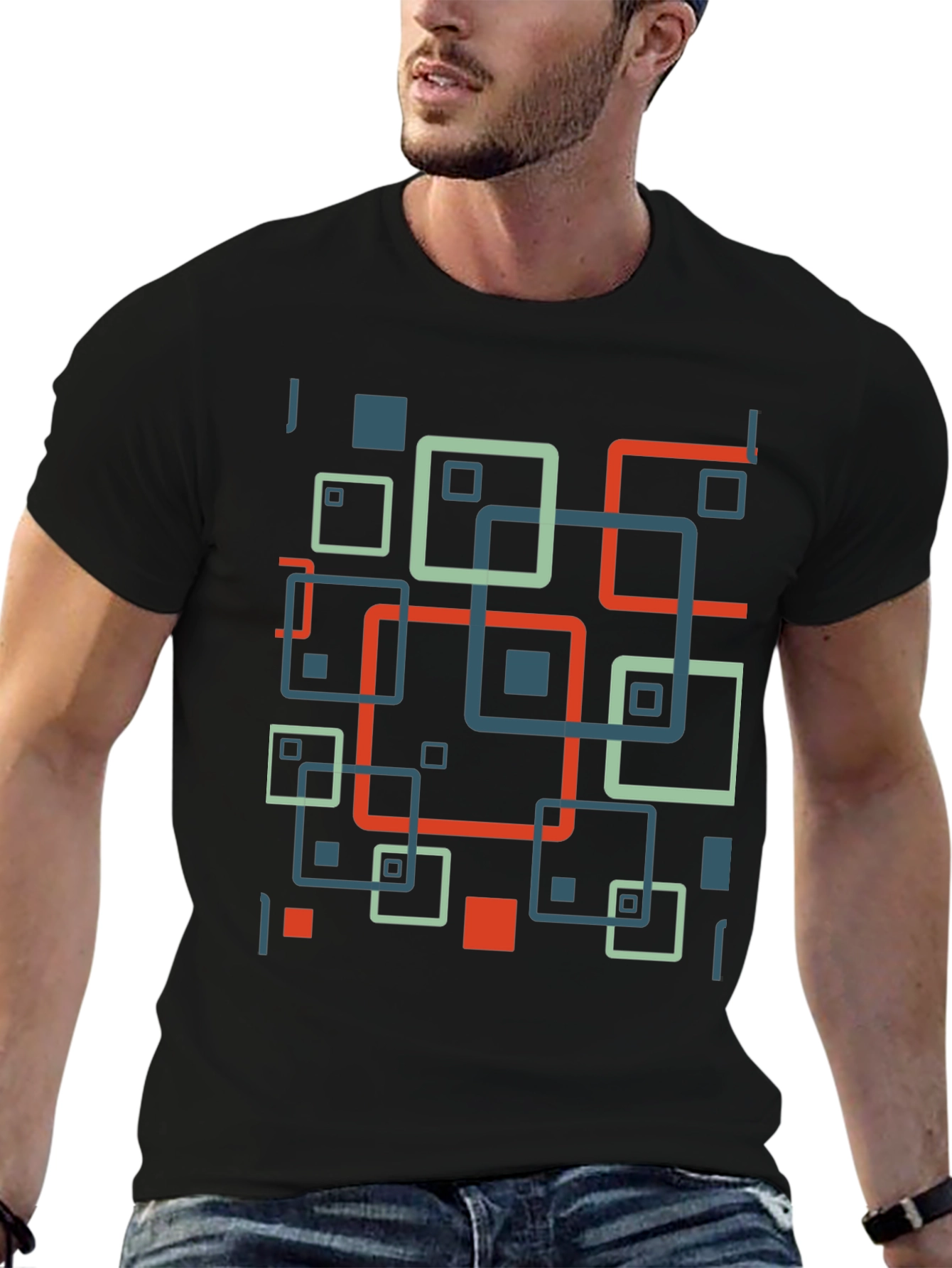 Geometric Square Pattern Black T-Shirt