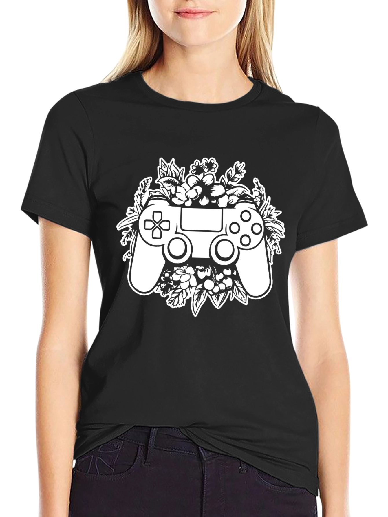 Gamer Floral Controller T-Shirt - Black