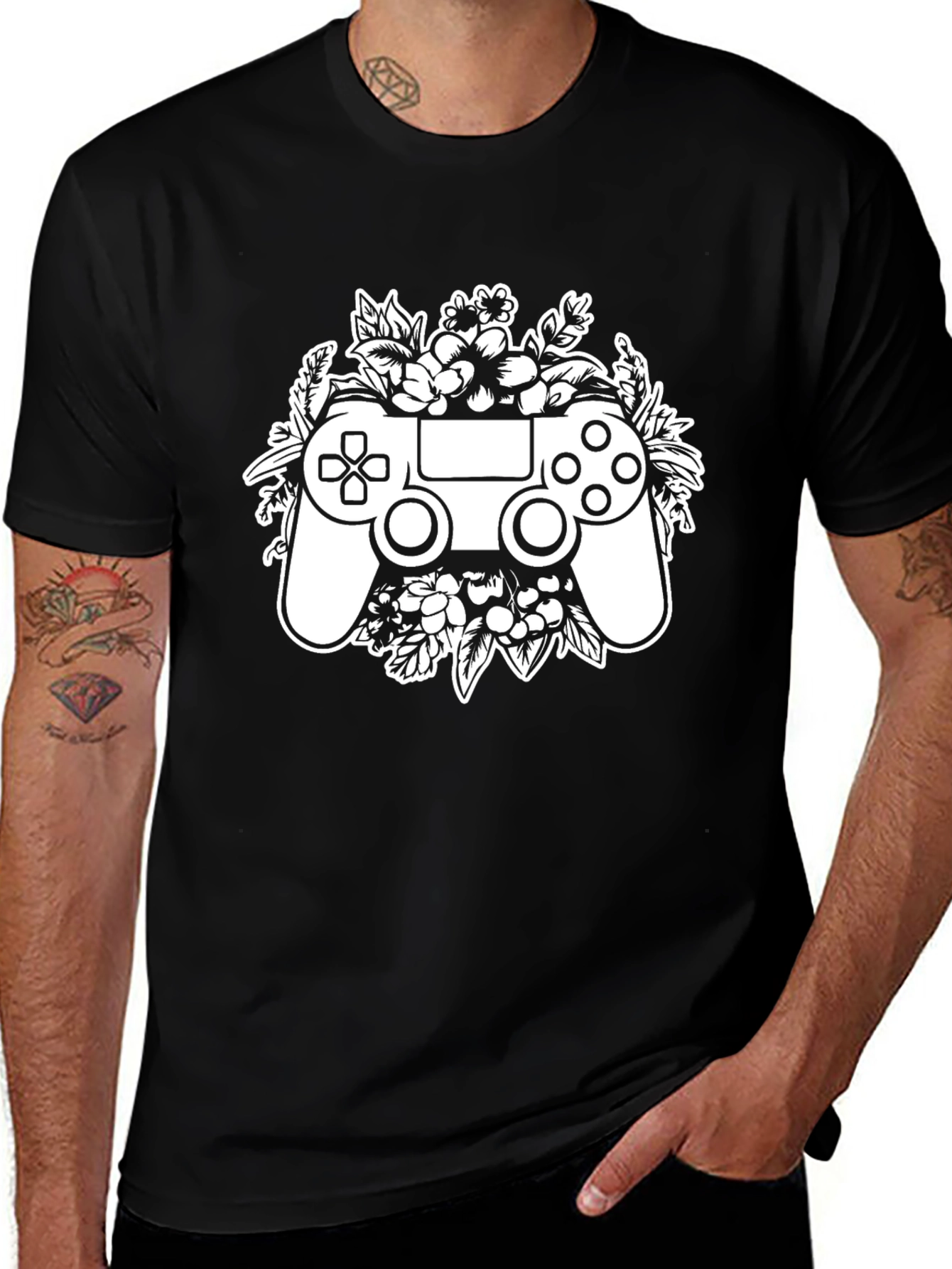 Gamer Floral Controller T-Shirt - Black