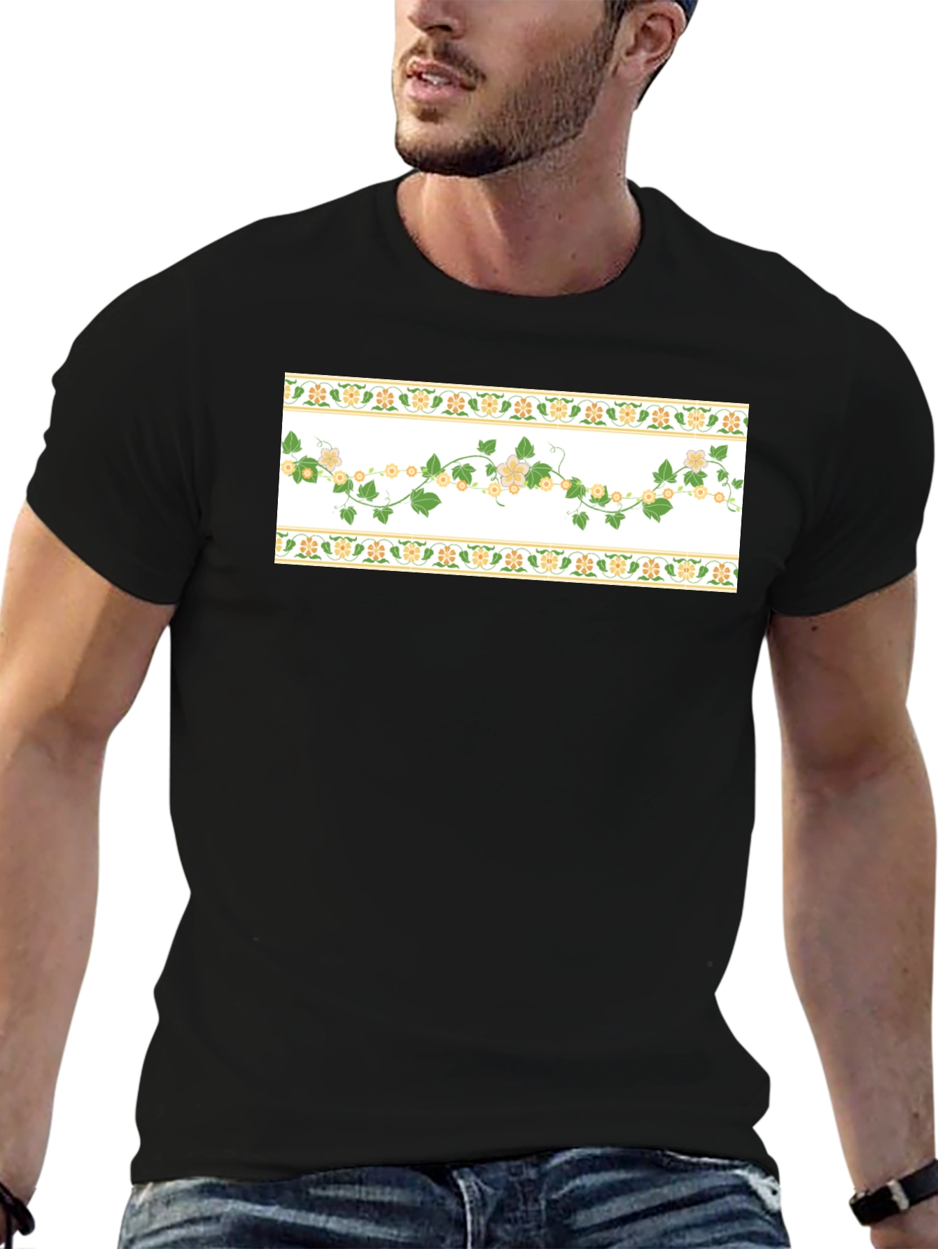 Floral Vine T-Shirt - Stylish Black Tee