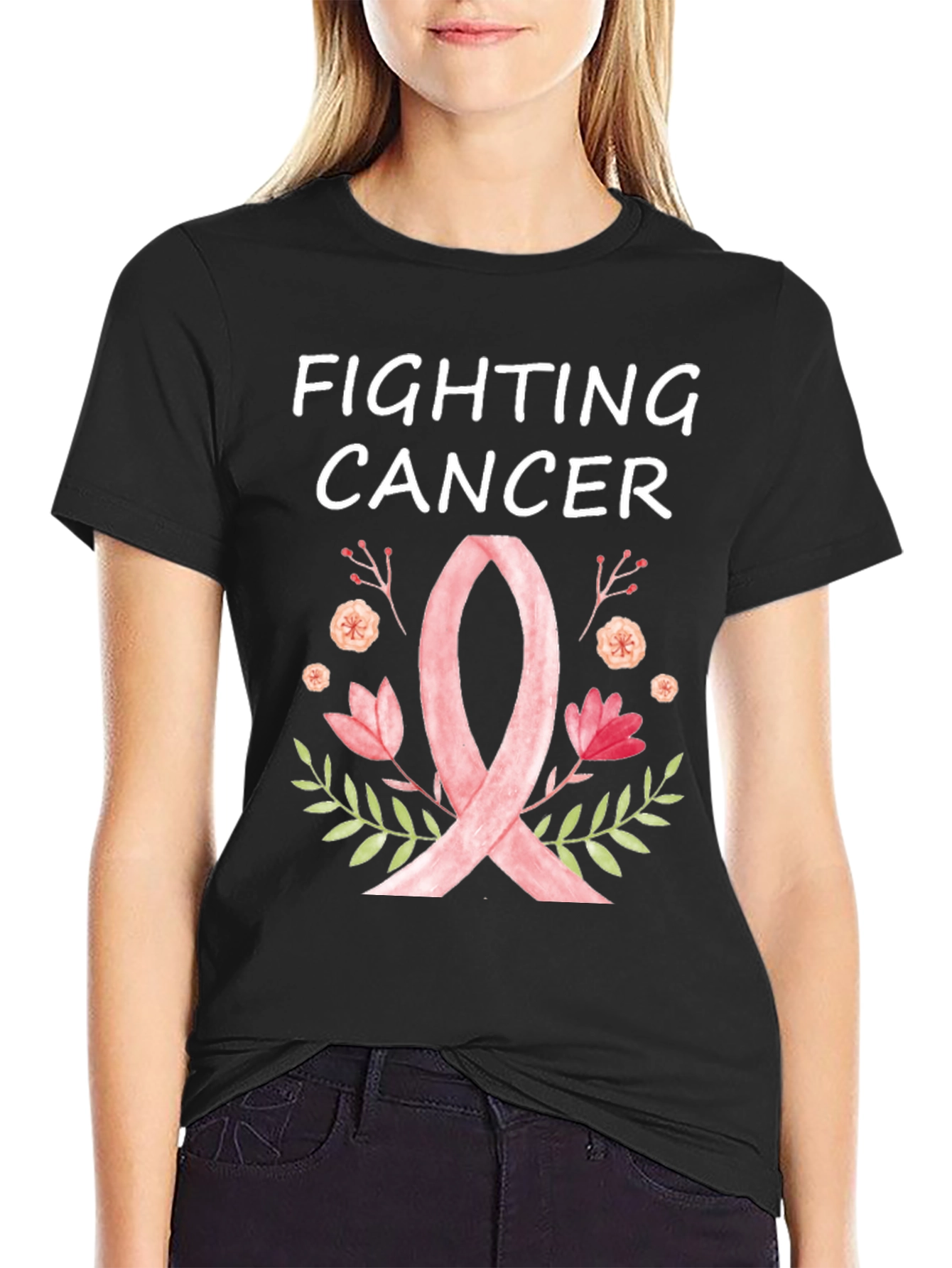 Fighting Cancer Ribbon Floral T-Shirt