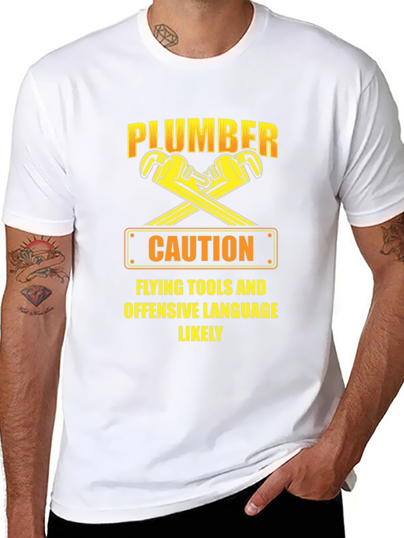 Funny Plumber Caution T-Shirt: Flying Tools & Offensive Language