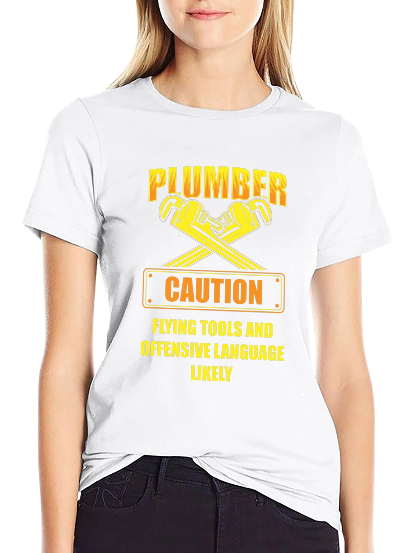 Funny Plumber Caution T-Shirt: Flying Tools & Offensive Language