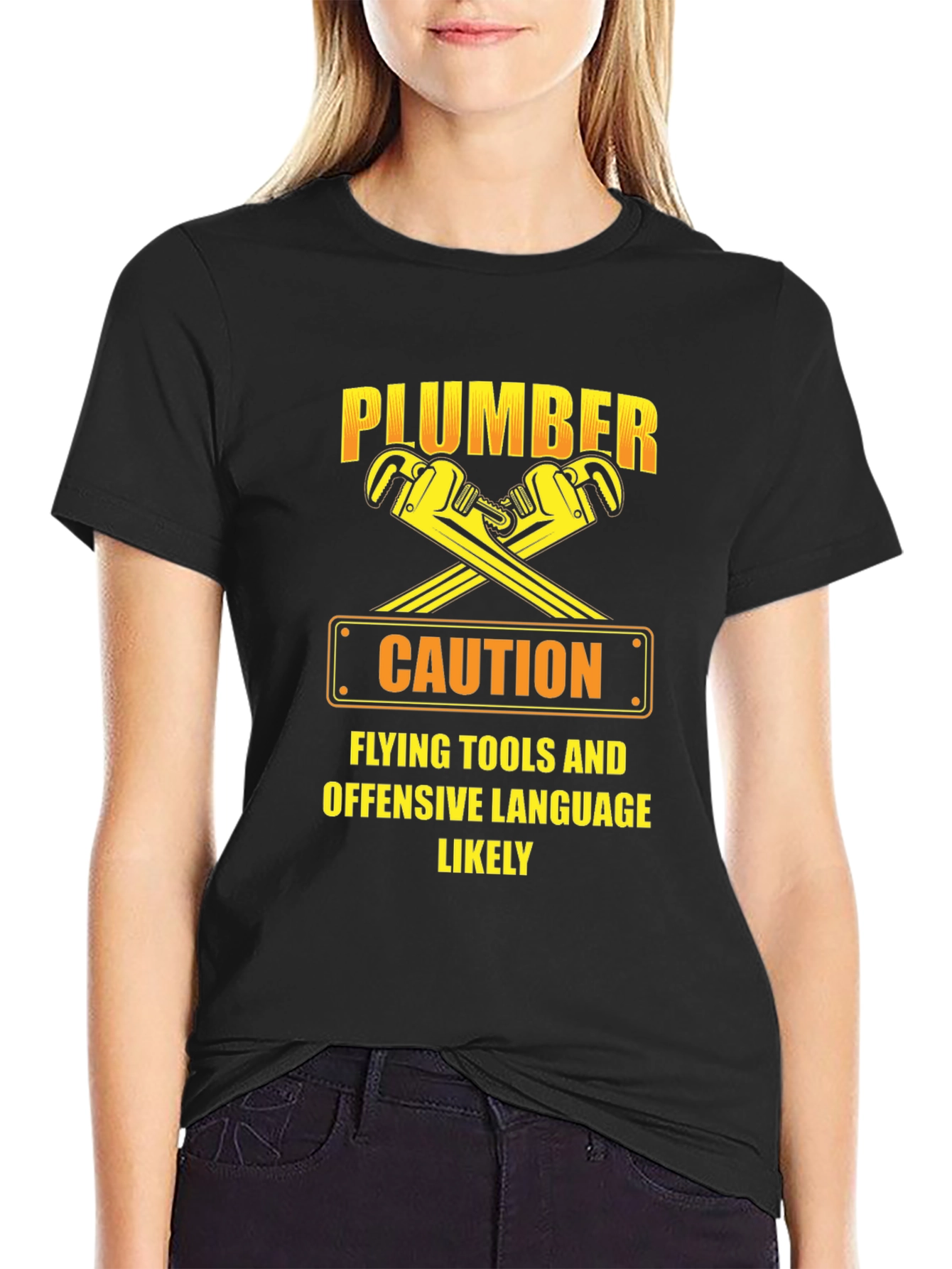 Funny Plumber Caution T-Shirt: Flying Tools & Offensive Language
