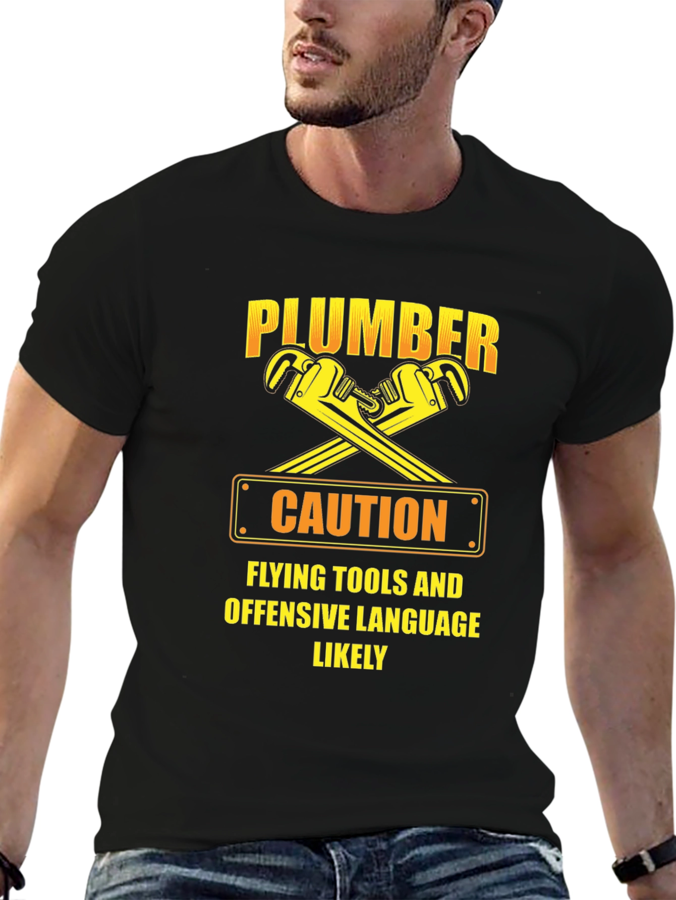 Funny Plumber Caution T-Shirt: Flying Tools & Offensive Language