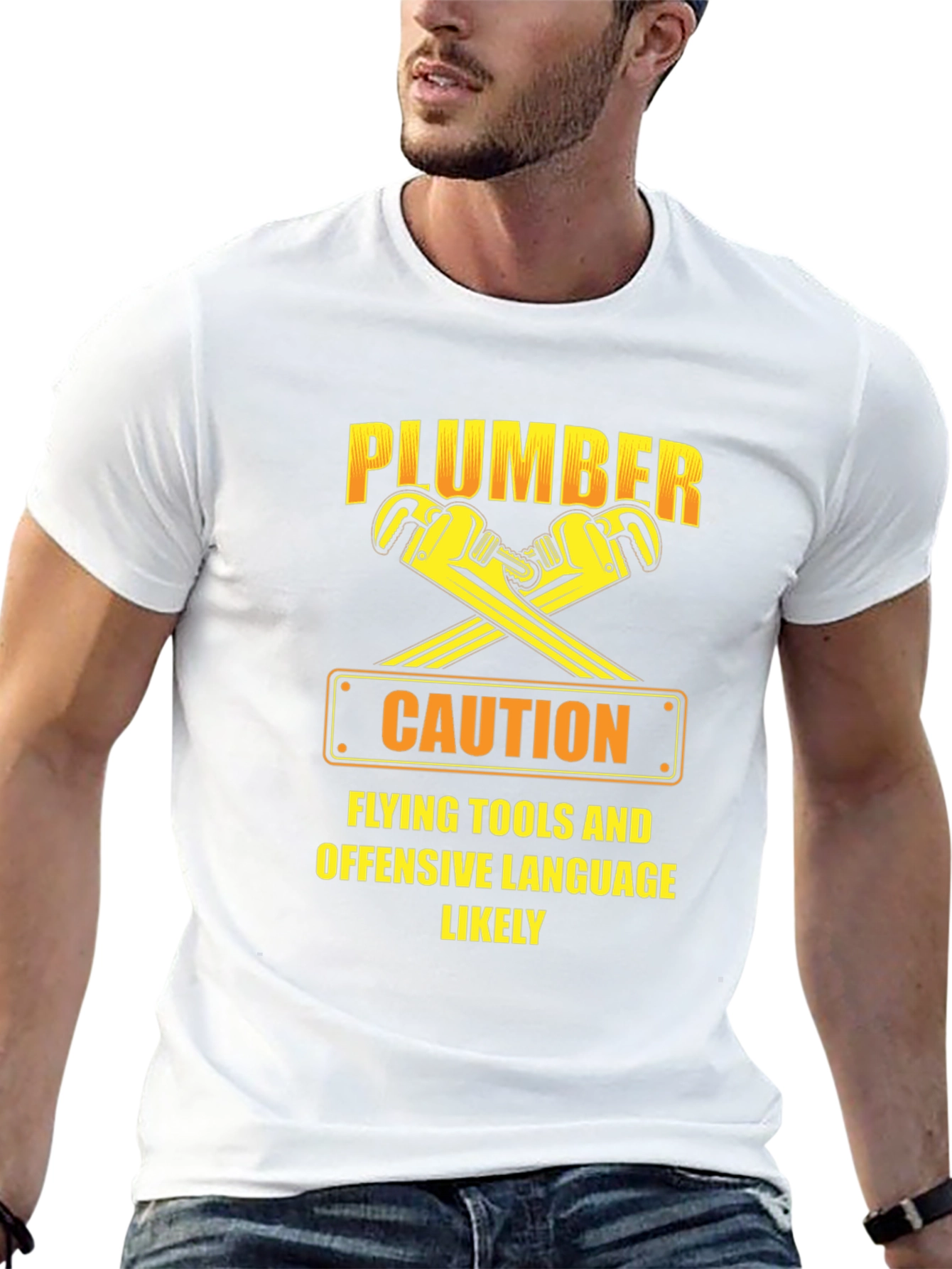 Funny Plumber Caution T-Shirt: Flying Tools & Offensive Language