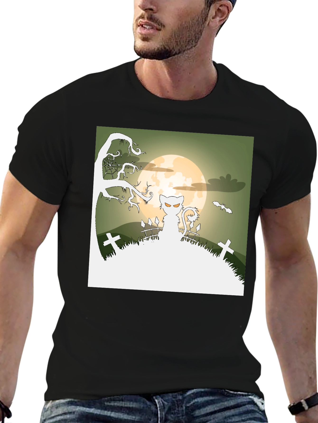 Spooky Halloween Cat T-Shirt - Black