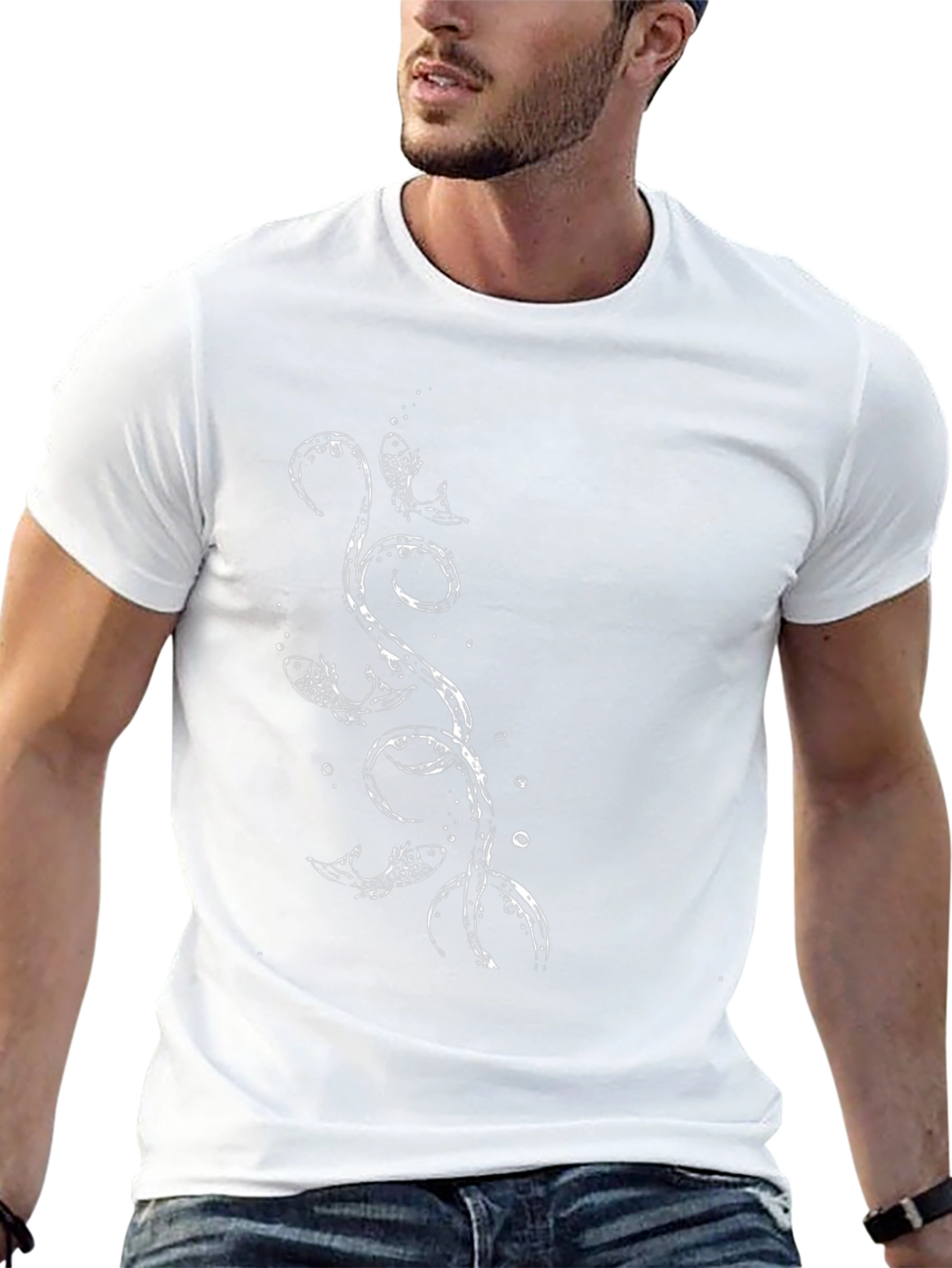 Mens Black T-Shirt with Fish Graphic Print