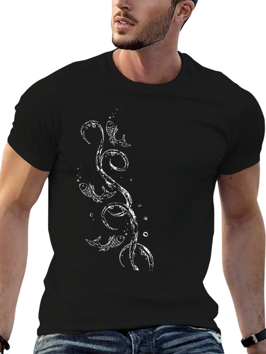 Mens Black T-Shirt with Fish Graphic Print