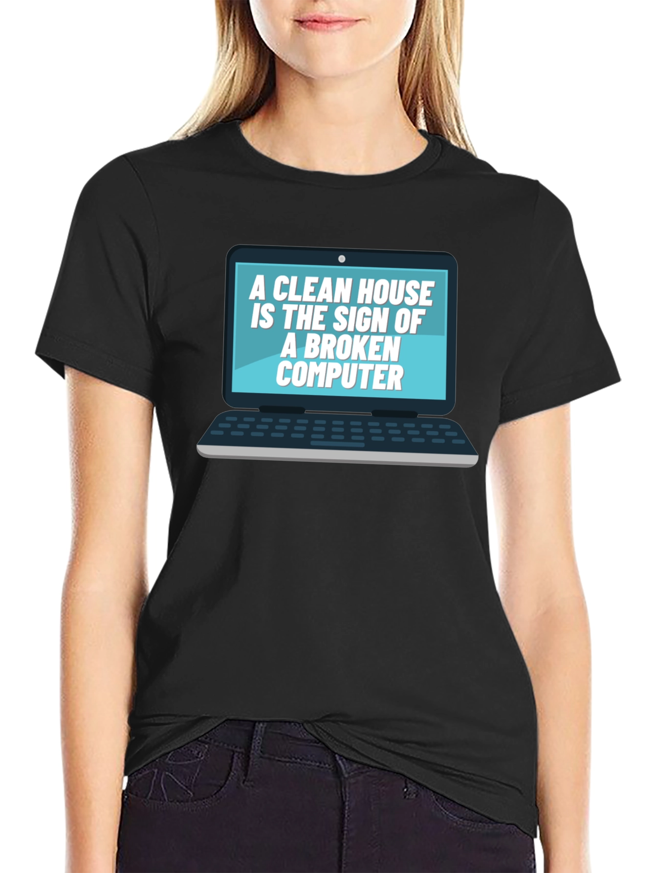 Broken Computer Clean House Black T-Shirt