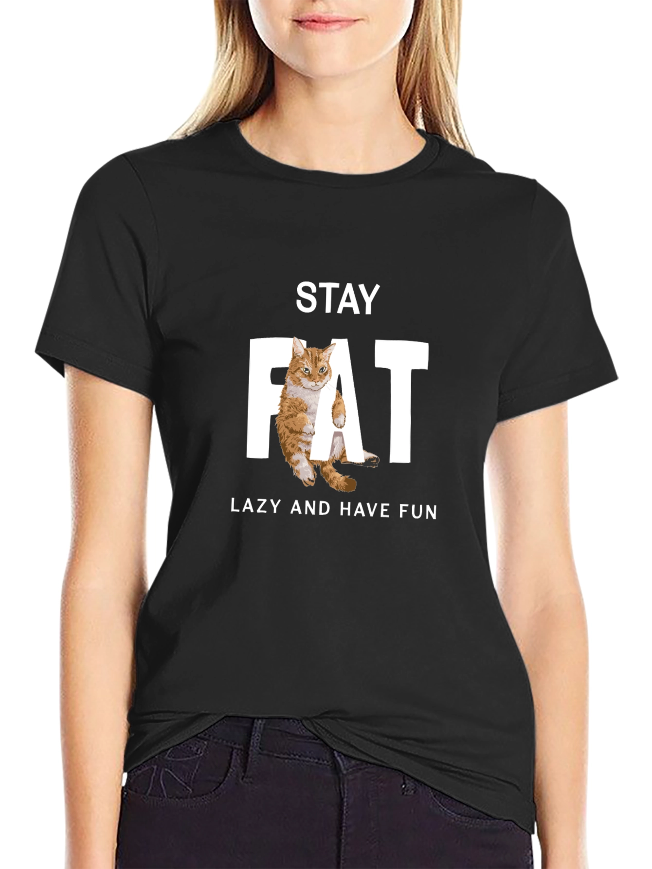 Stay Fat Lazy Cat Graphic T-Shirt