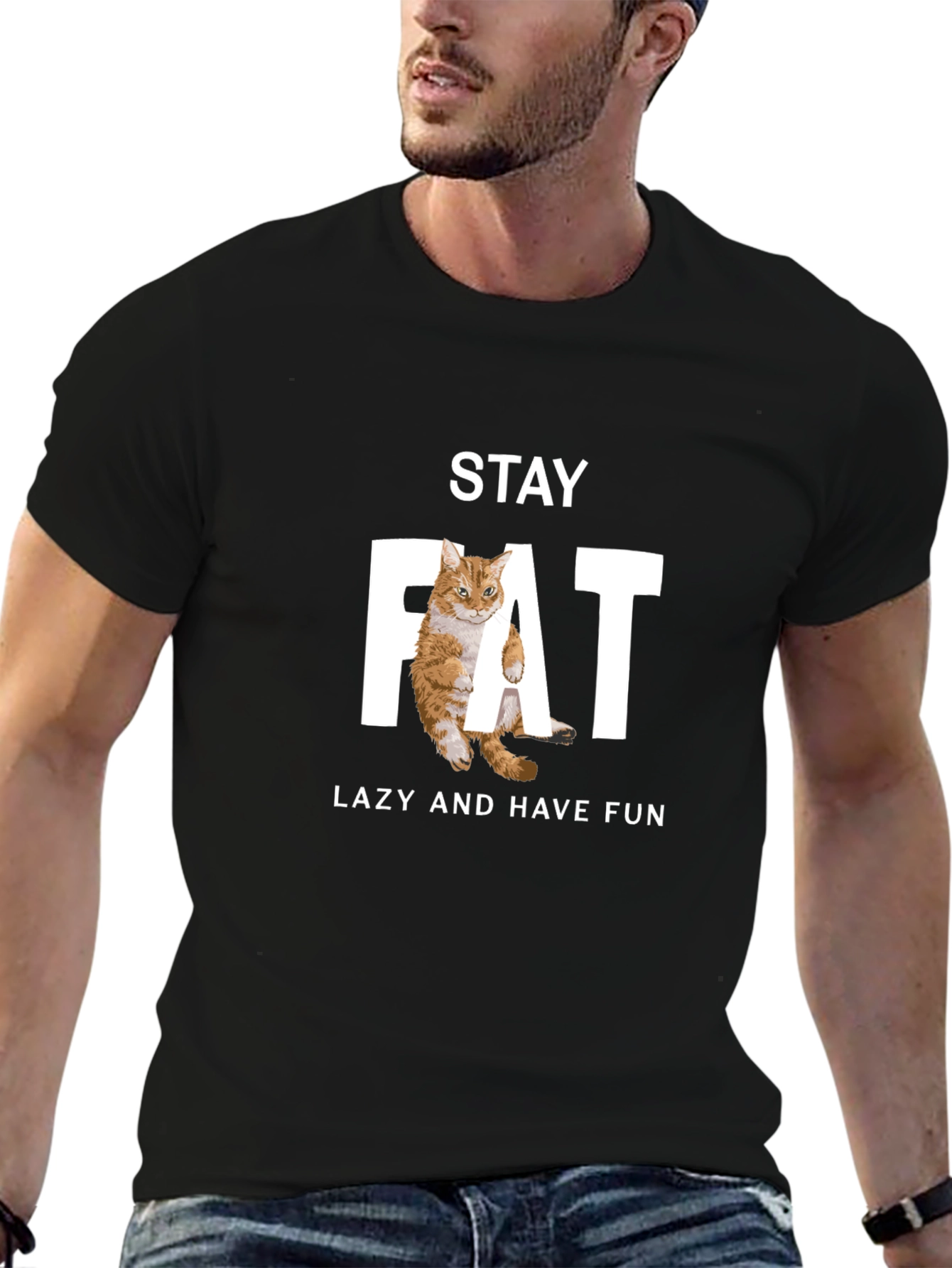 Stay Fat Lazy Cat Graphic T-Shirt