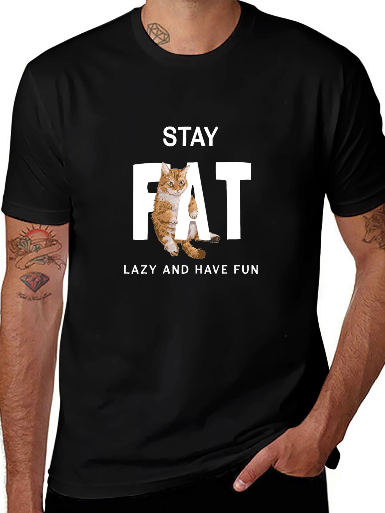 Stay Fat Lazy Cat Graphic T-Shirt