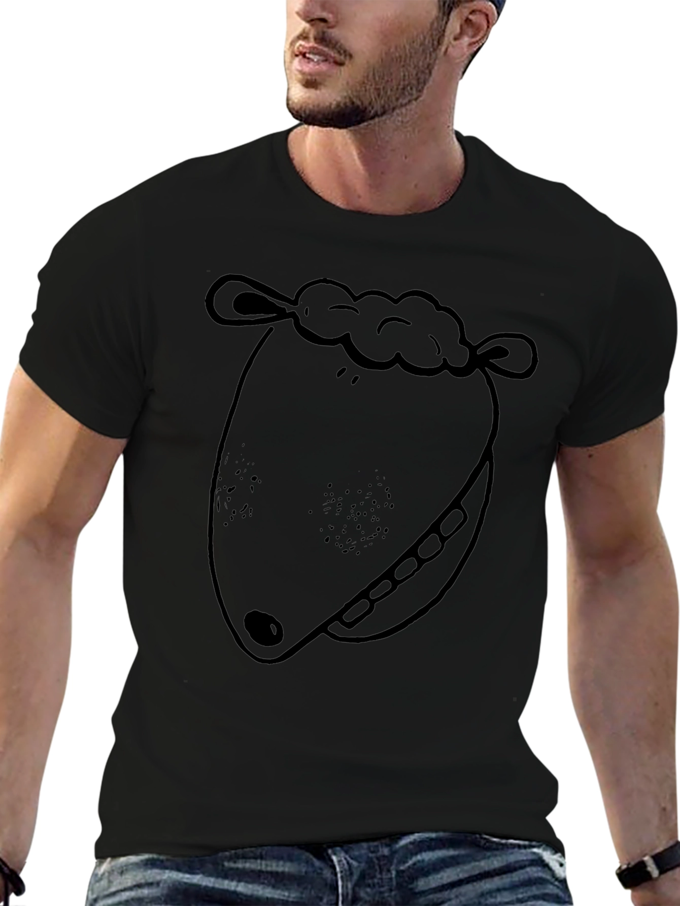 Cartoon Sheep Face Graphic Tee - Black Cotton T-Shirt