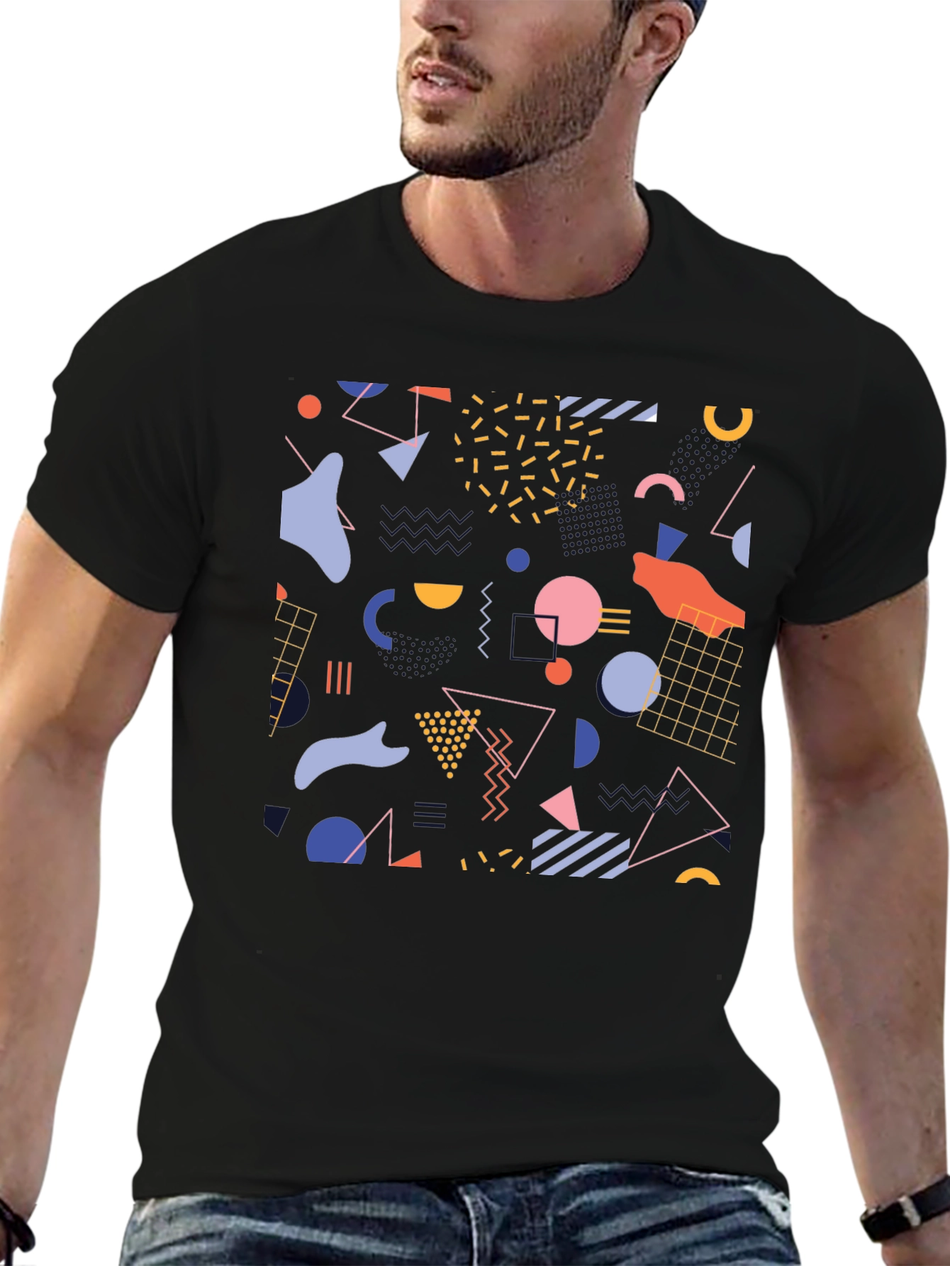 Retro Geometric Pattern Black T-Shirt
