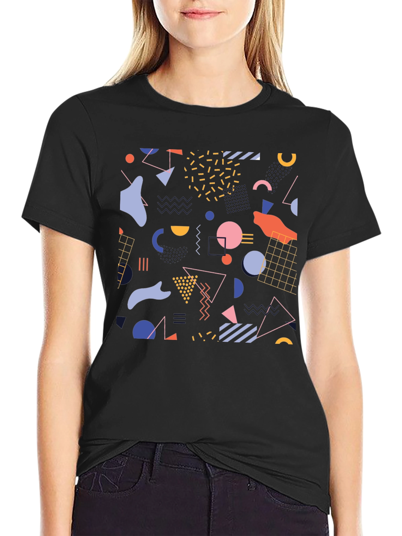 Retro Geometric Pattern Black T-Shirt