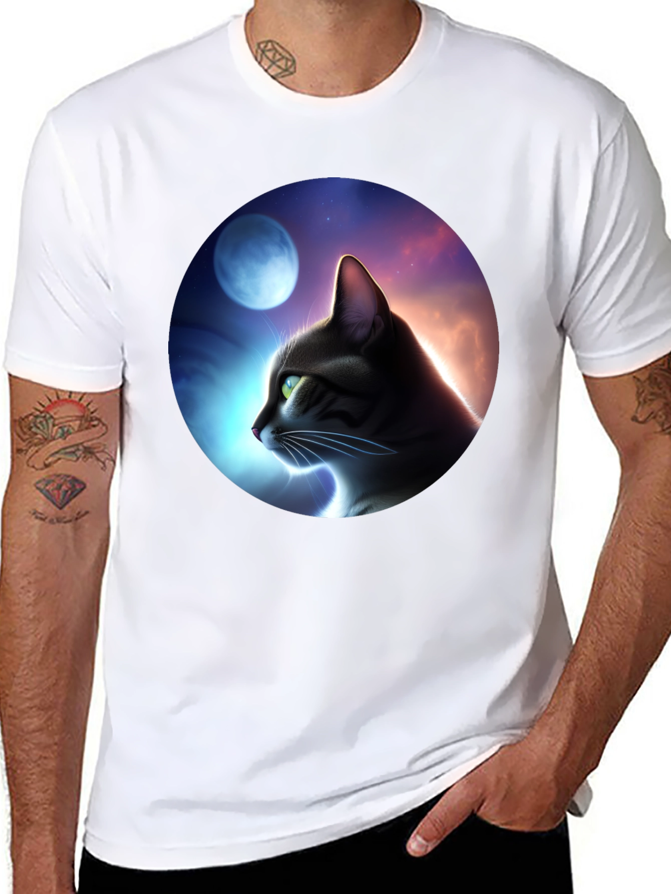 Cat in Moonlit Sky Graphic T-Shirt