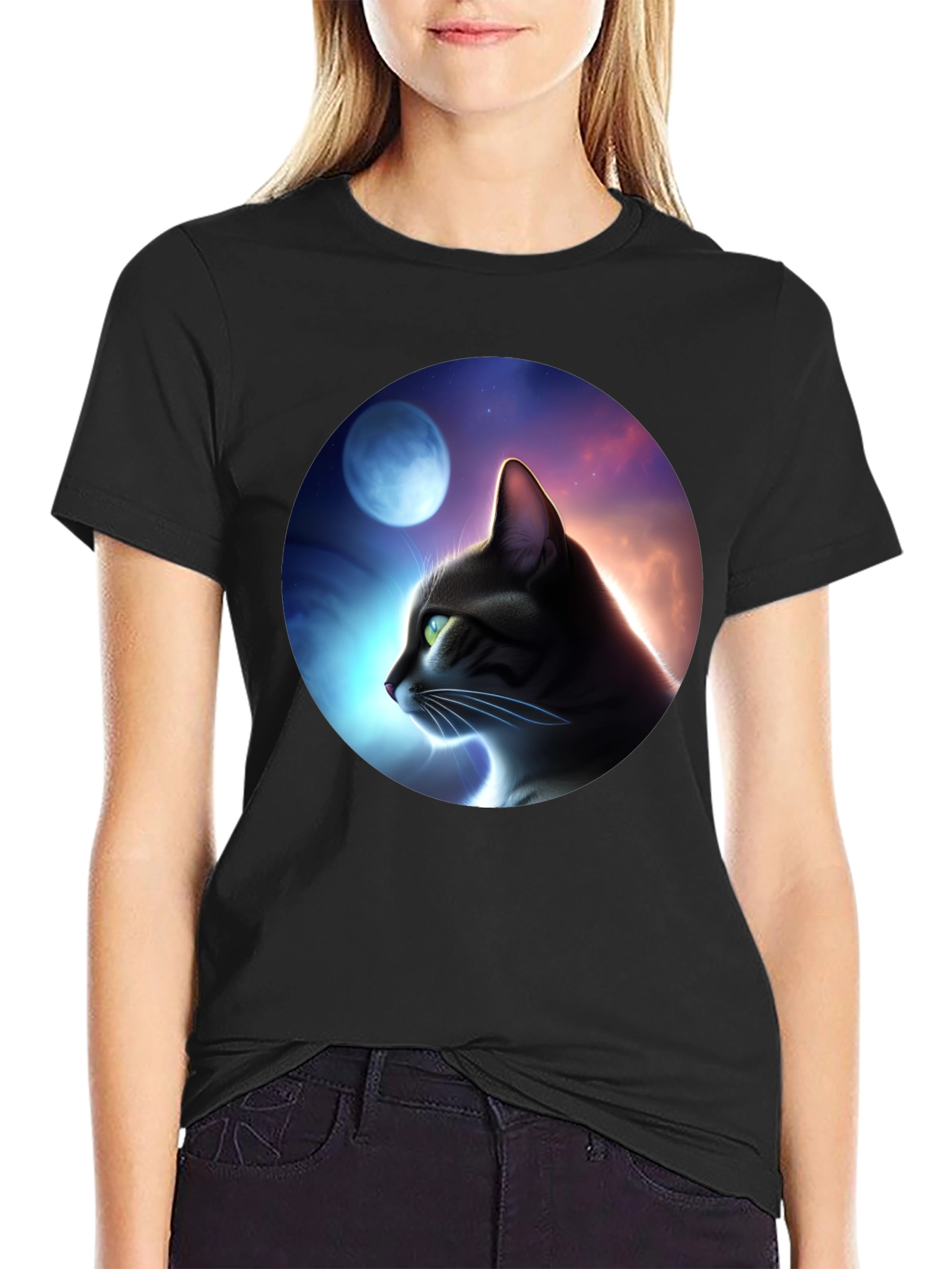 Cat in Moonlit Sky Graphic T-Shirt