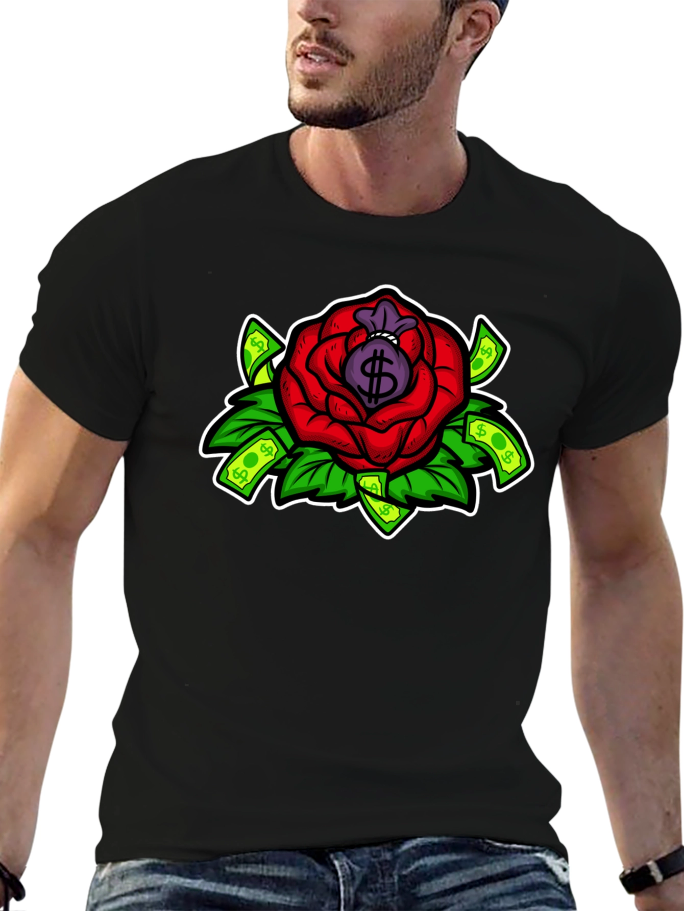 Rose Money Bag Graphic Tee - Black T-Shirt