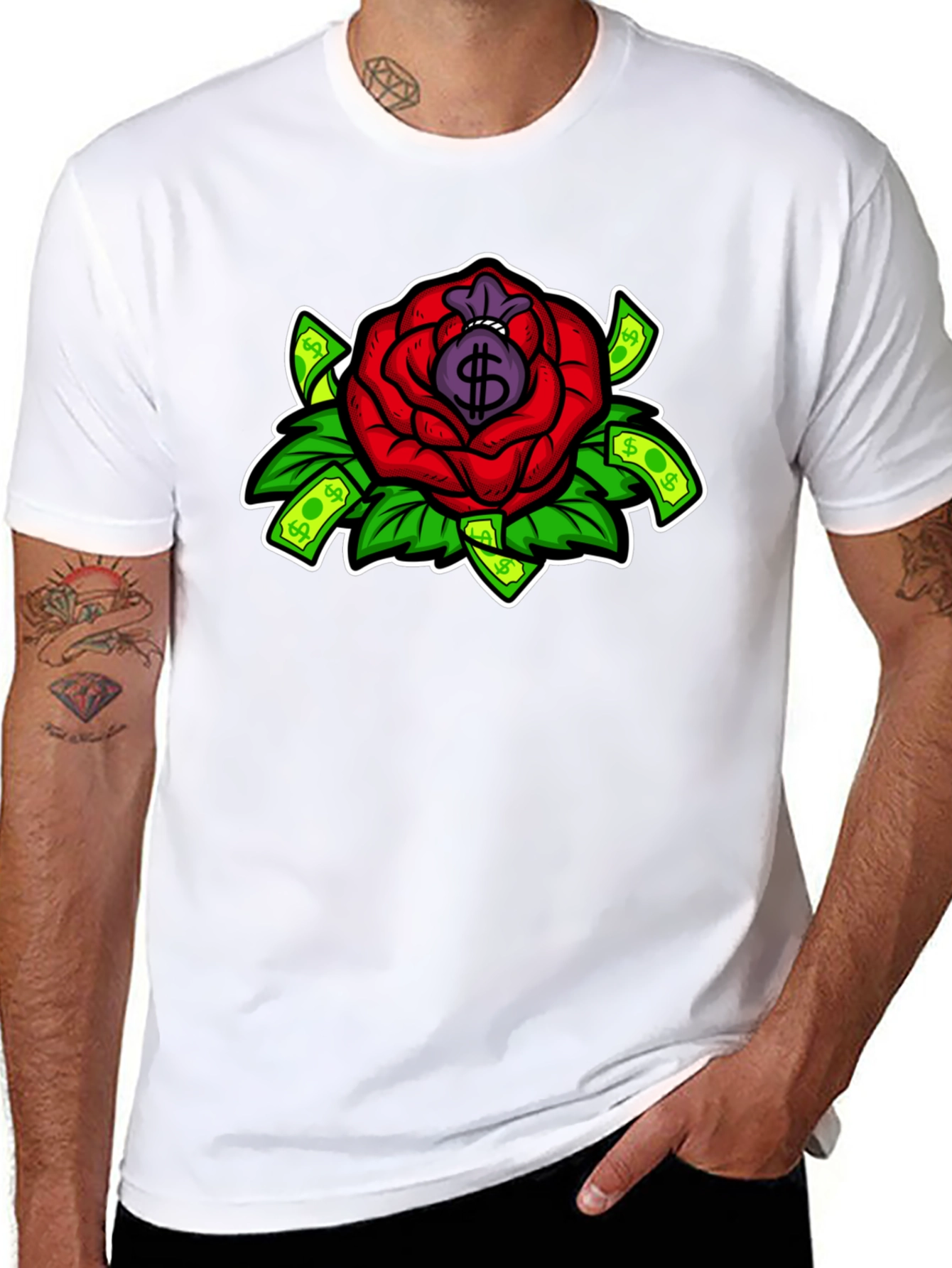 Rose Money Bag Graphic Tee - Black T-Shirt