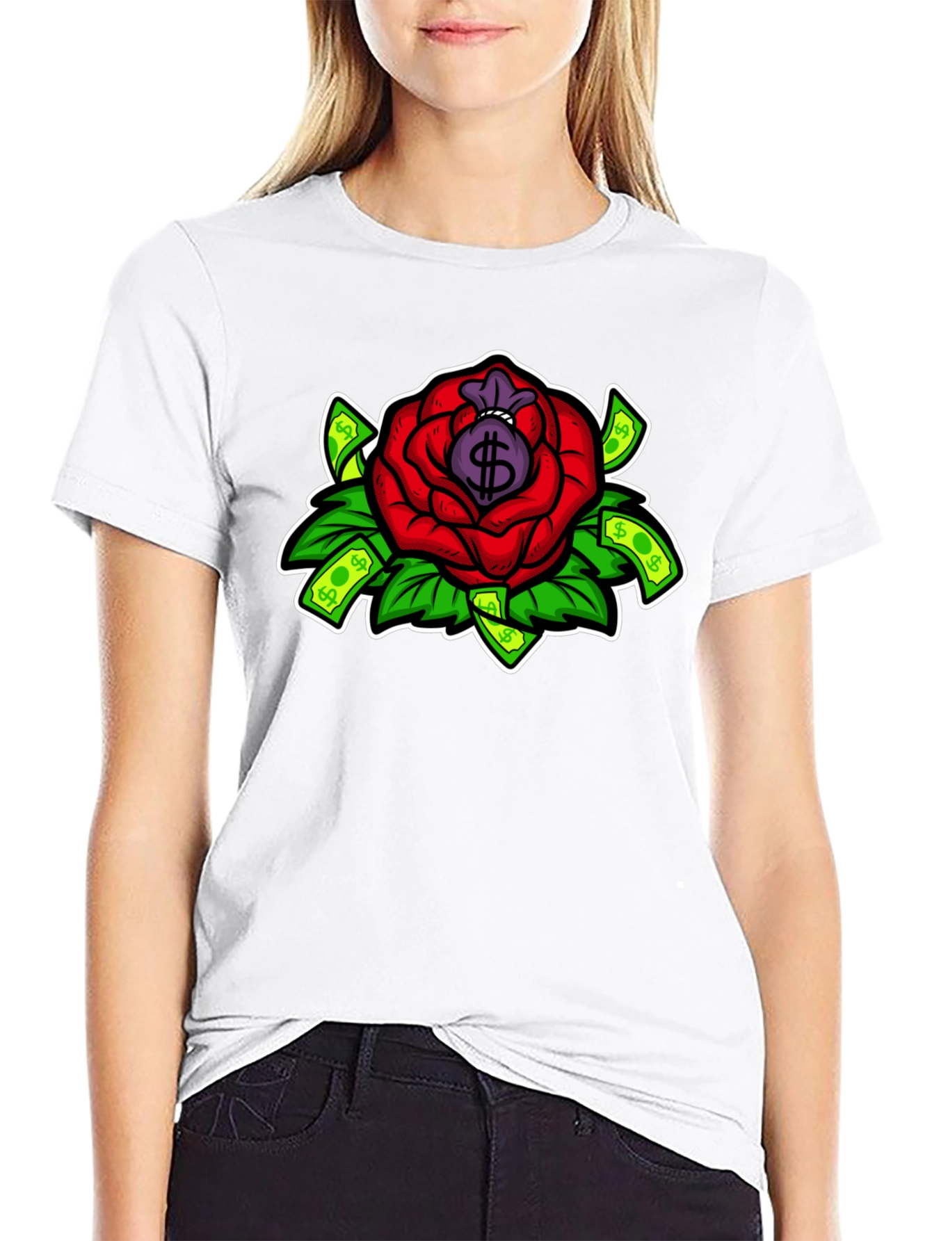 Rose Money Bag Graphic Tee - Black T-Shirt