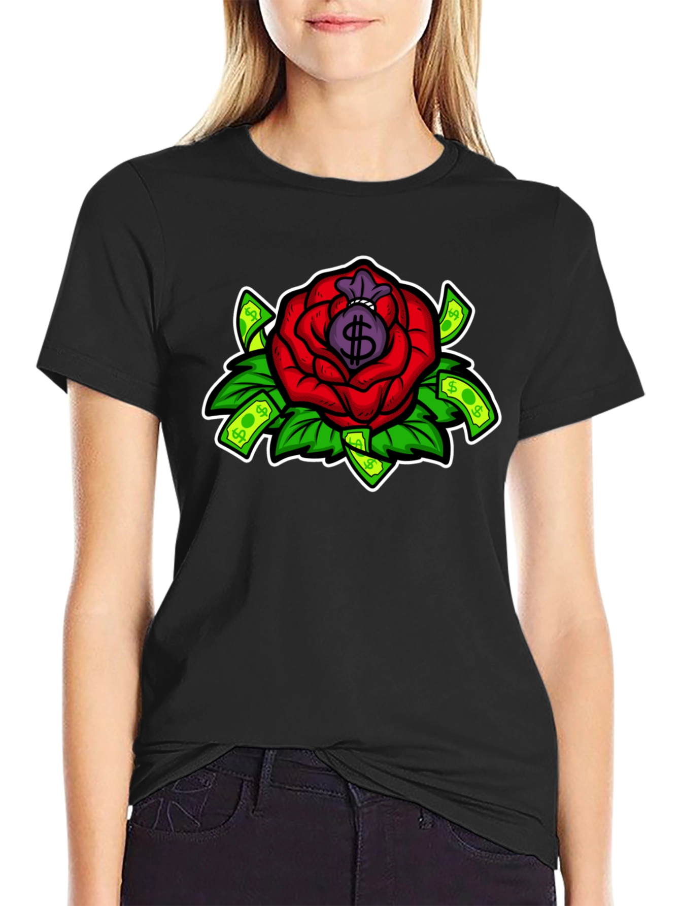 Rose Money Bag Graphic Tee - Black T-Shirt