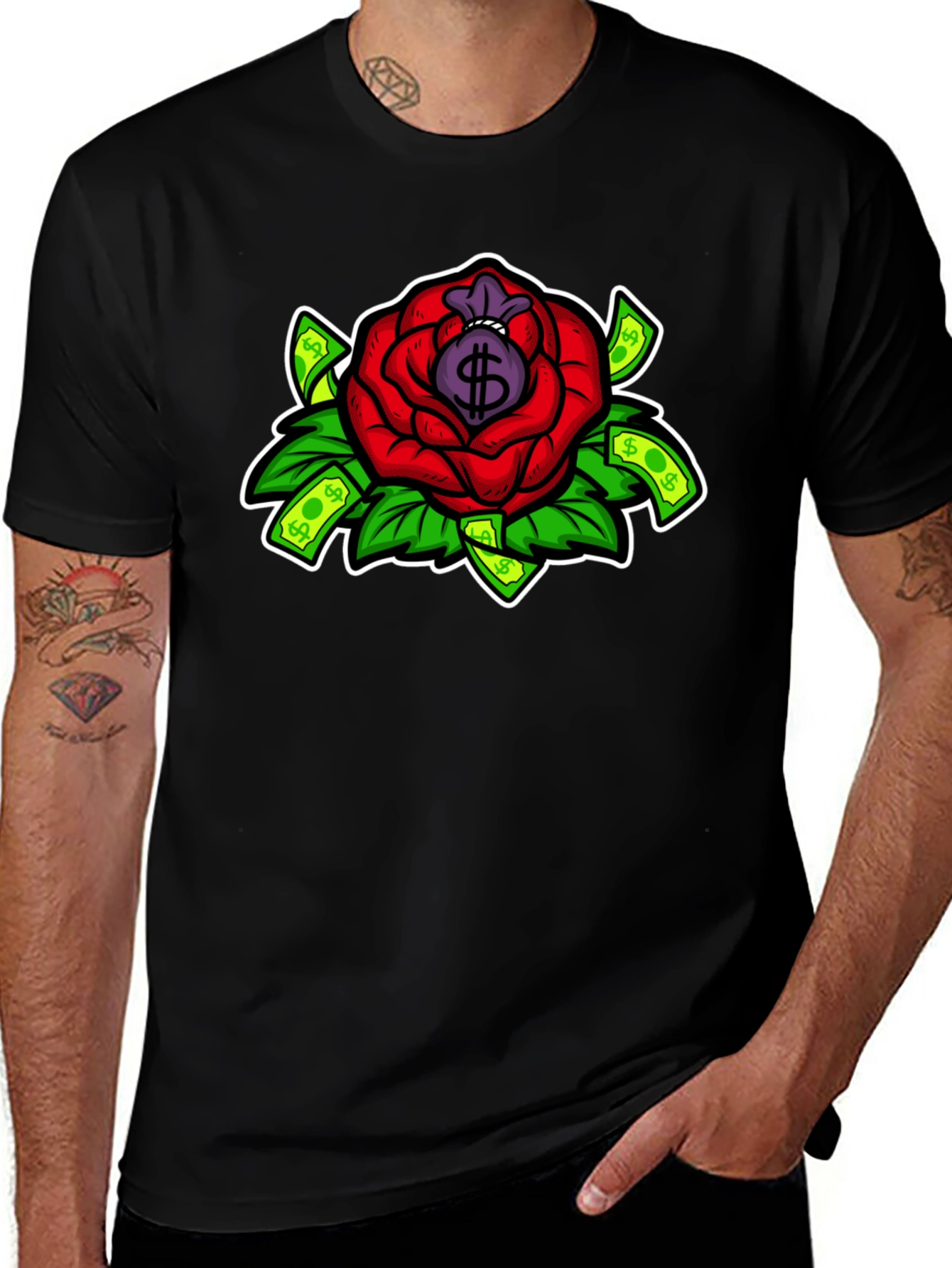Rose Money Bag Graphic Tee - Black T-Shirt