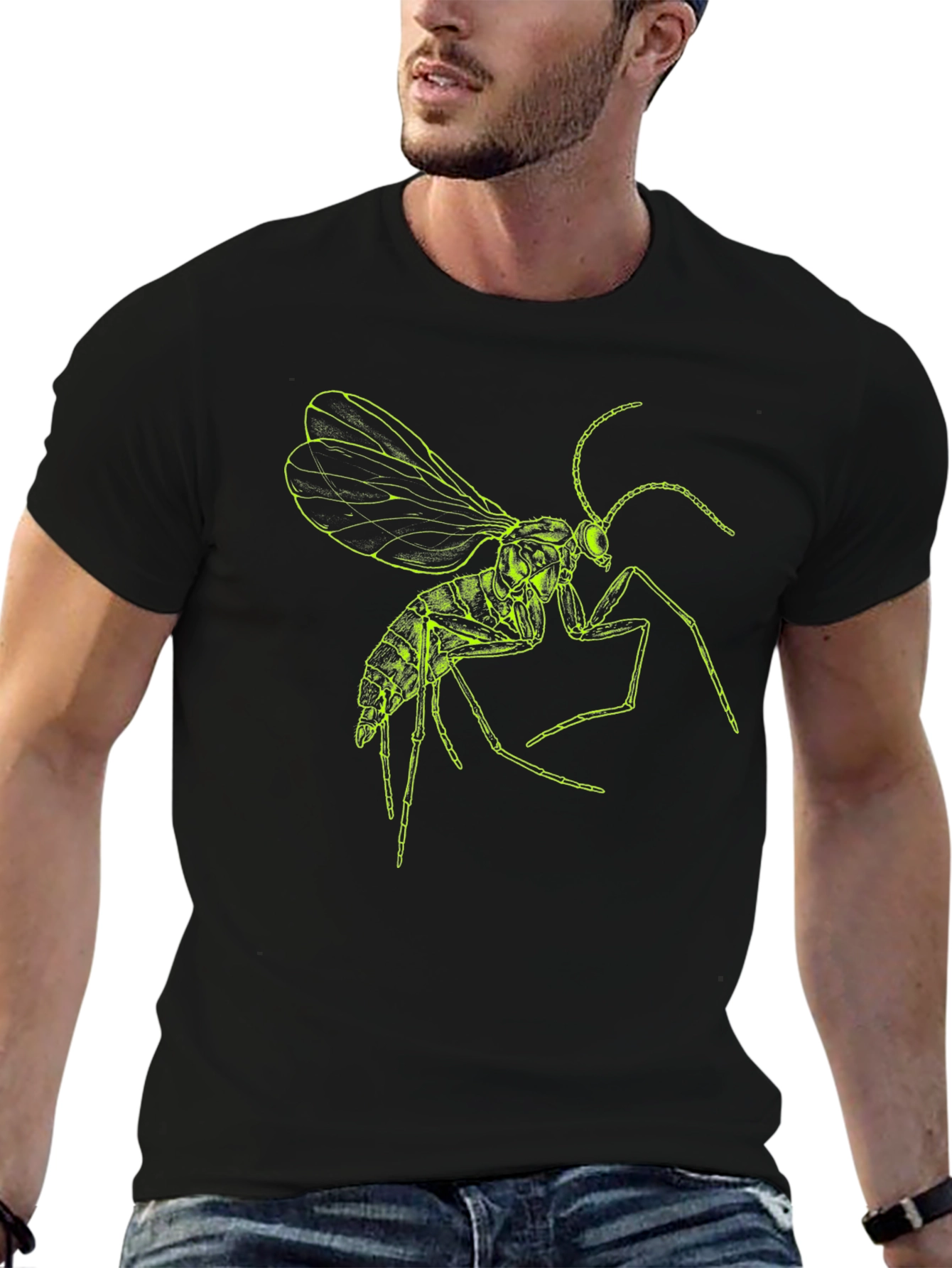 Black T-Shirt with Green Wasp Graphic