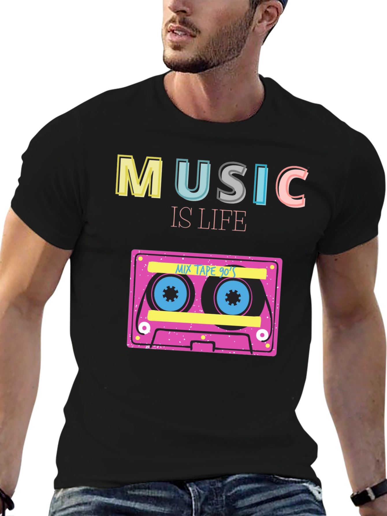 Music is Life 90s Mix Tape Black T-Shirt