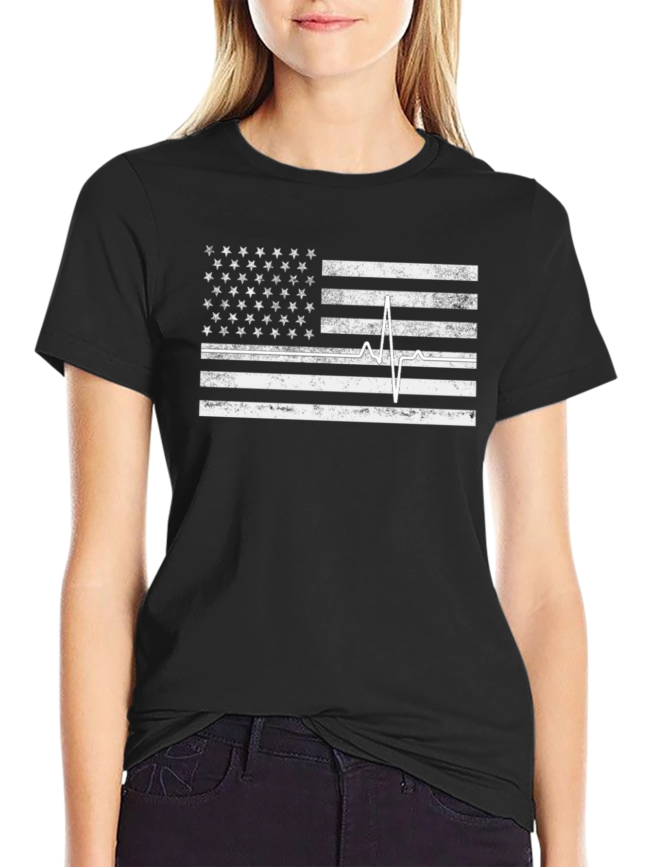 American Flag Heartbeat Graphic Tee - Black