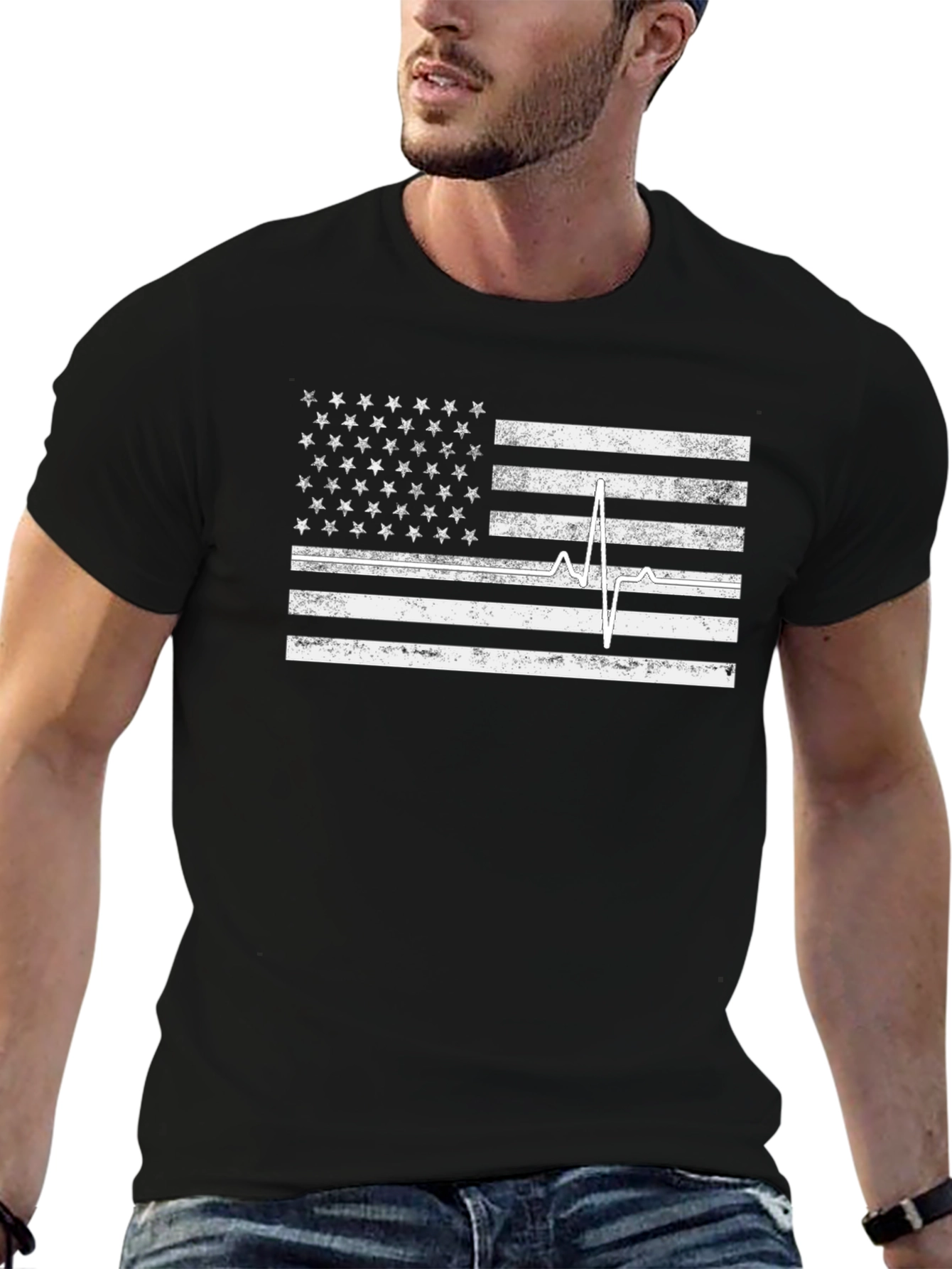 American Flag Heartbeat Graphic Tee - Black