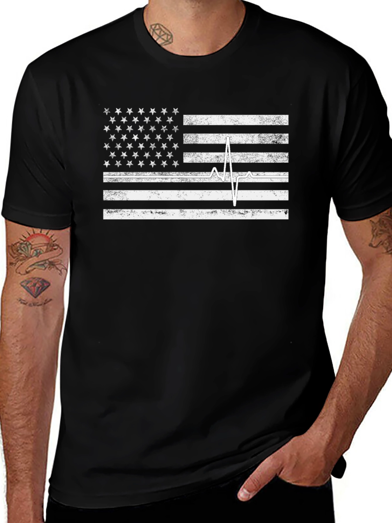 American Flag Heartbeat Graphic Tee - Black