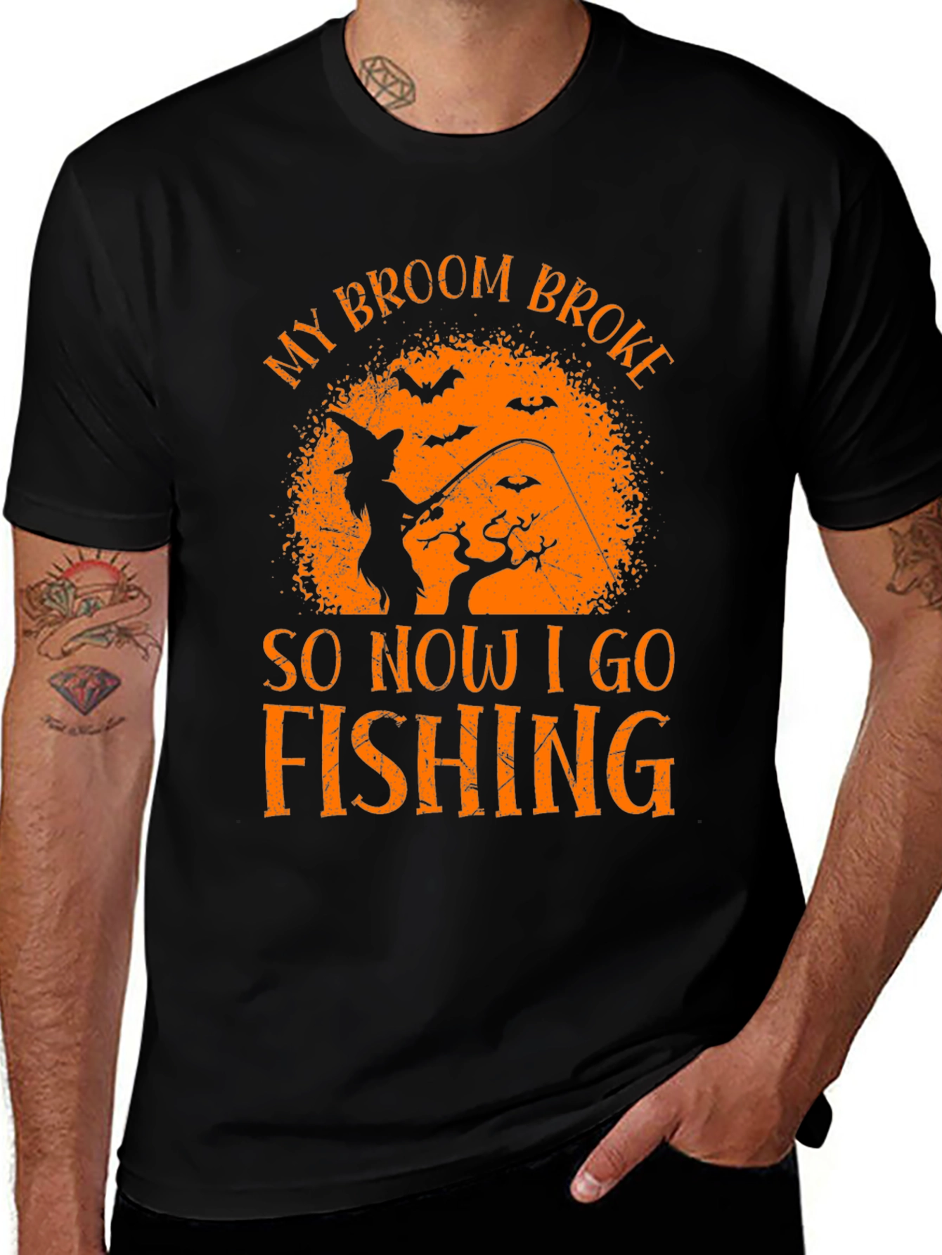 Halloween Fishing T-Shirt Witch Broom Broke Tee
